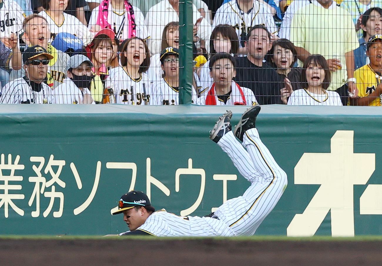 阪神対日本ハム　2回表日本ハム1死、左翼手前川は水野の邪飛を好捕する（撮影・上山淳一）