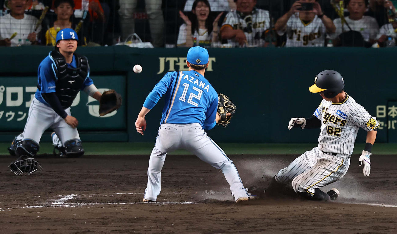 阪神対日本ハム　11回裏阪神1死二、三塁、矢沢（中央）の暴投で植田が生還、サヨナラとなる（撮影・上田博志）