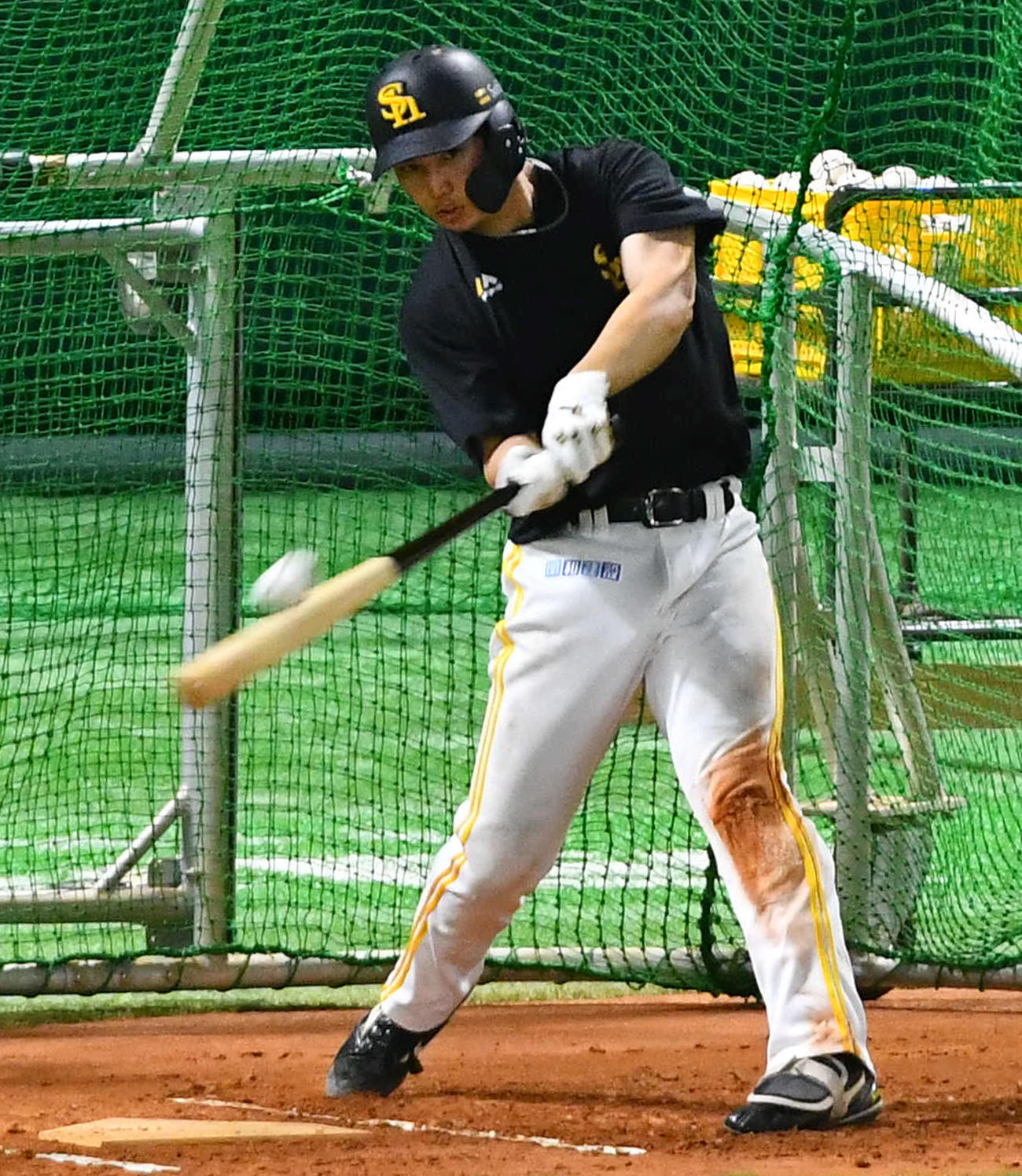 フリー打撃を行う広瀬（撮影・岩下翔太）
