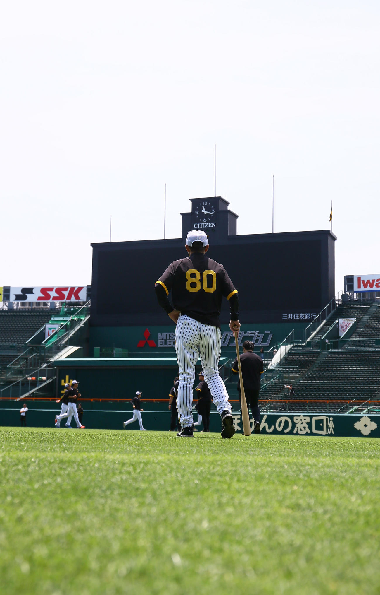 甲子園球場で練習を見つめる岡田監督（撮影・上山淳一）