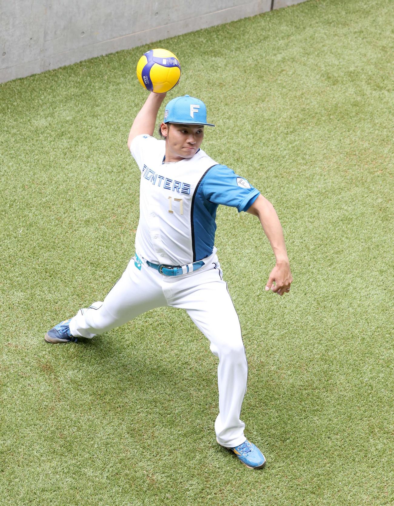 バレーボールを壁に向かって投げる日本ハム伊藤（撮影・黒川智章）