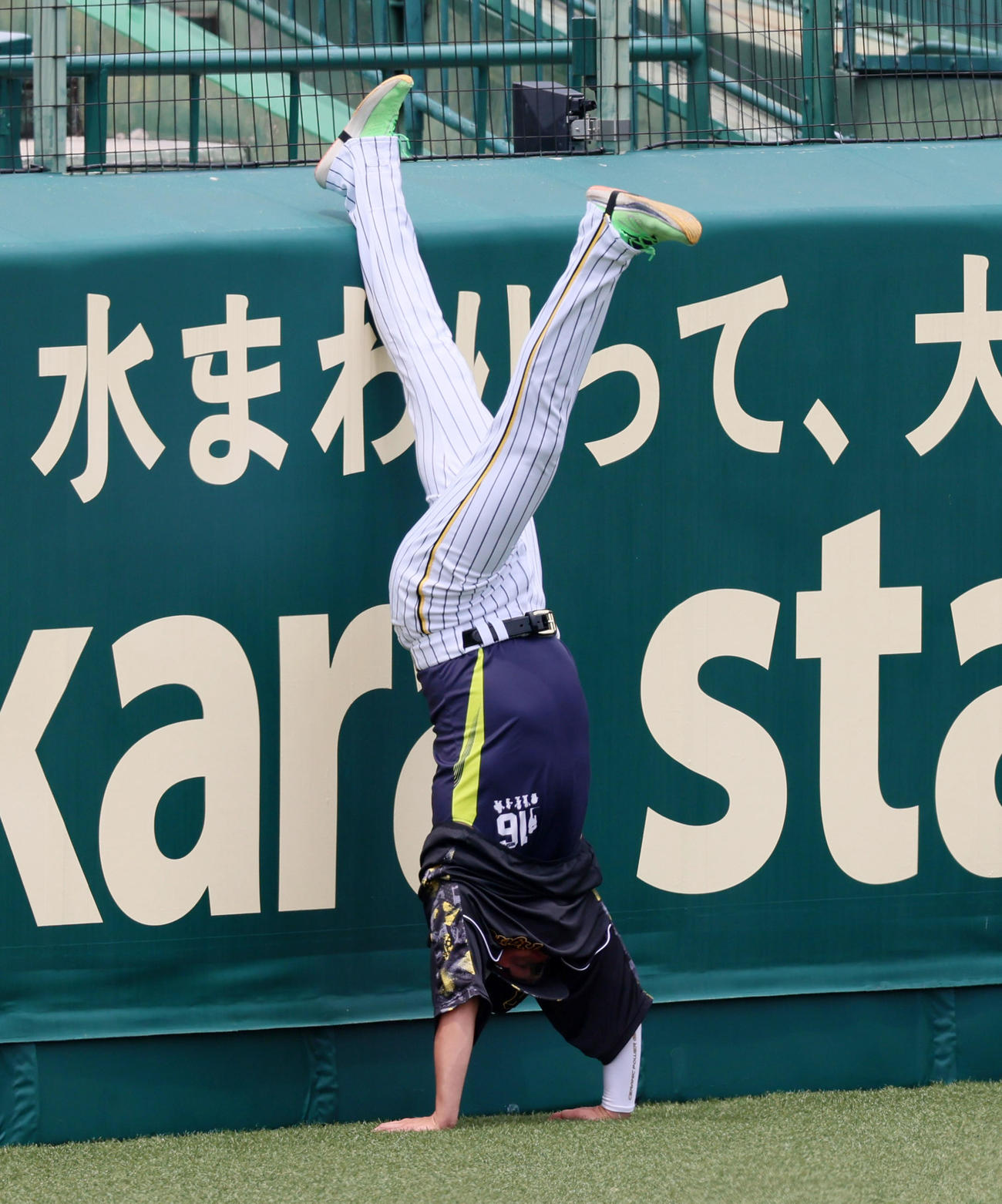 練習前に倒立する西勇（撮影・加藤哉）