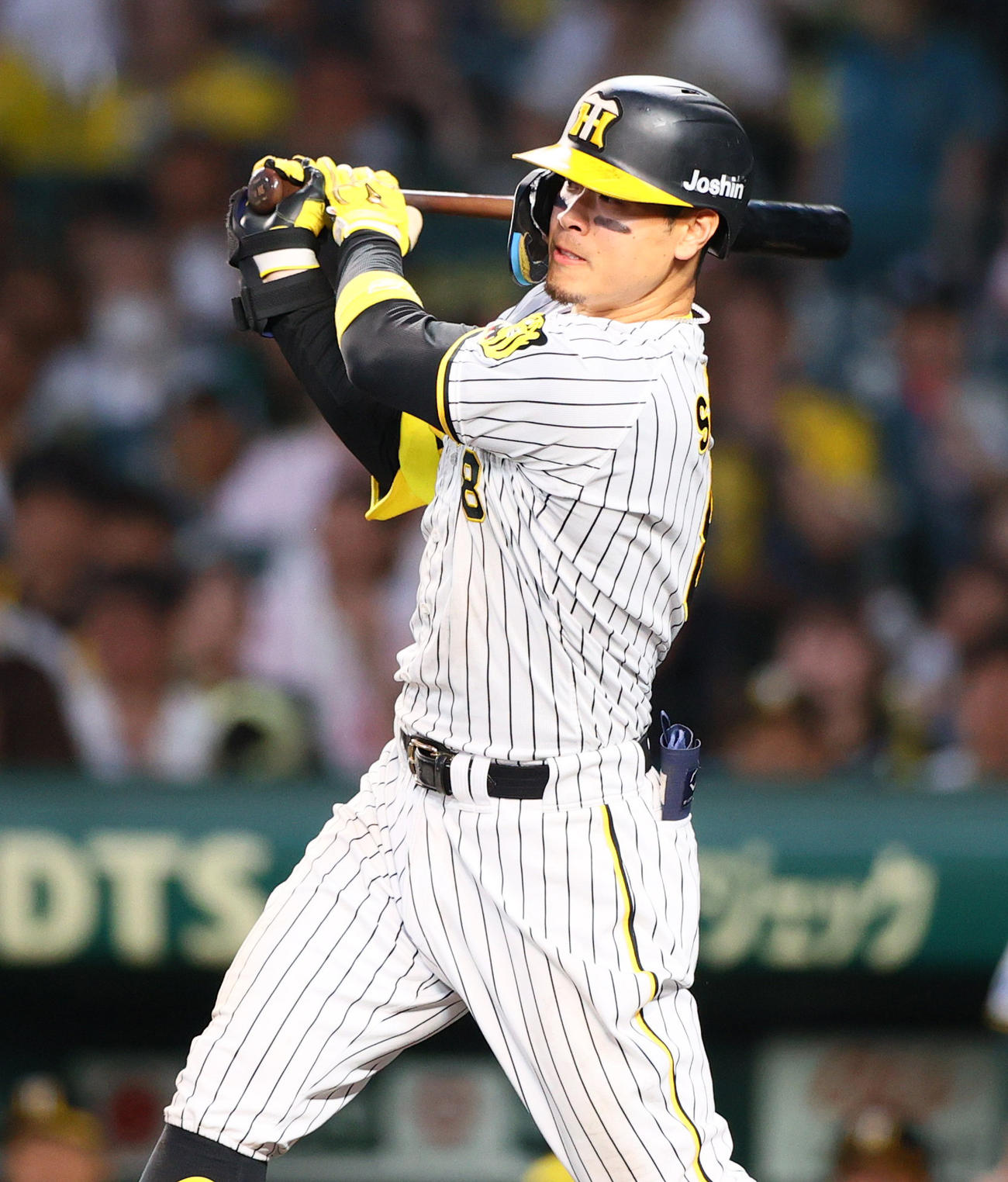 阪神対DeNA 5回裏阪神無死、佐藤輝は中前打を放つ（撮影・上山淳一）