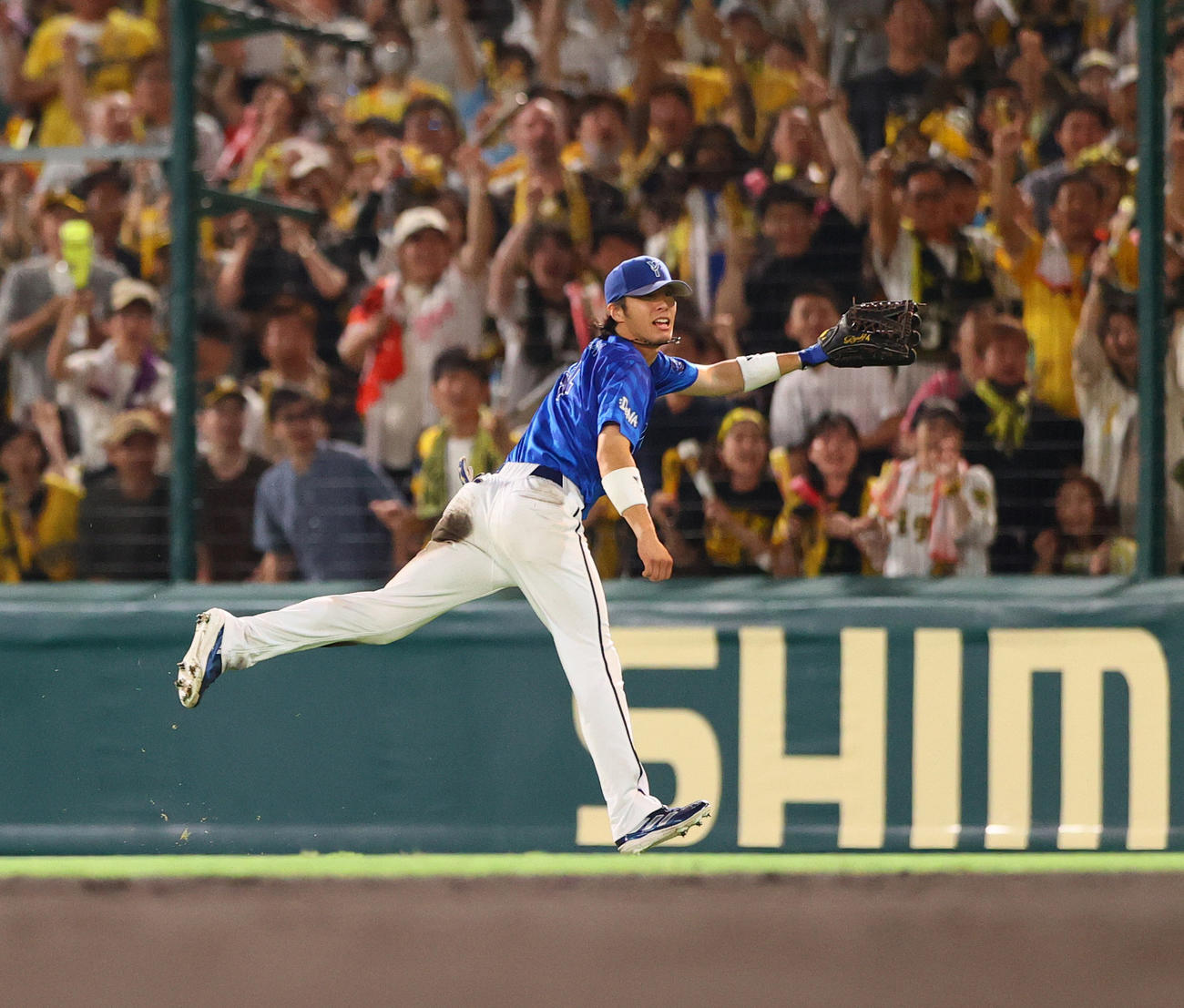 阪神対DeNA 9回裏阪神2死一、二塁、左翼手度会は小幡の右前打でバックホームするが二走植田が生還しサヨナラとなる（撮影・上山淳一）