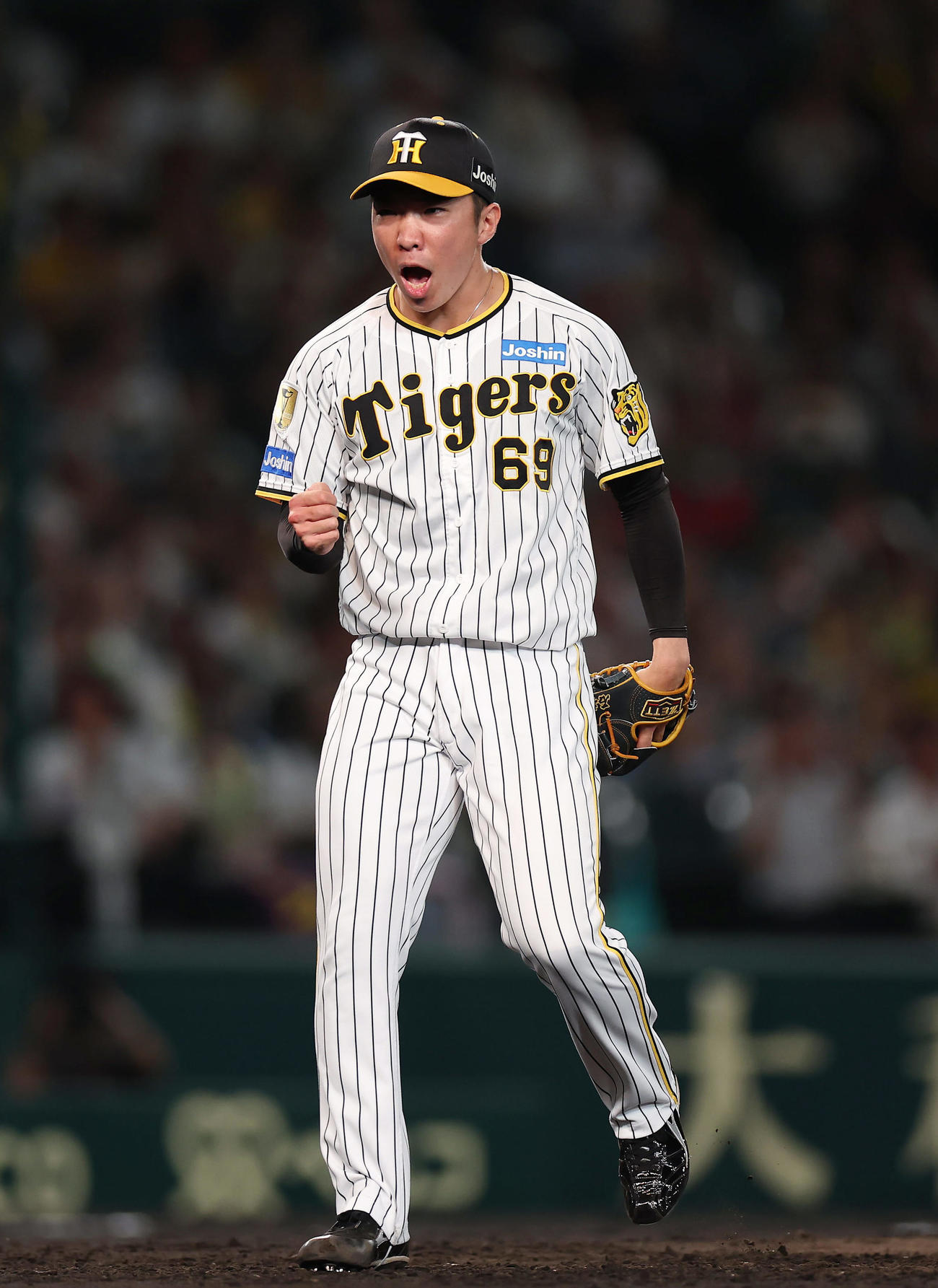 阪神対DeNA 9回表DeNA2死一塁、山本を空振り三振に仕留め、ガッツポーズする石井（撮影・前田充）