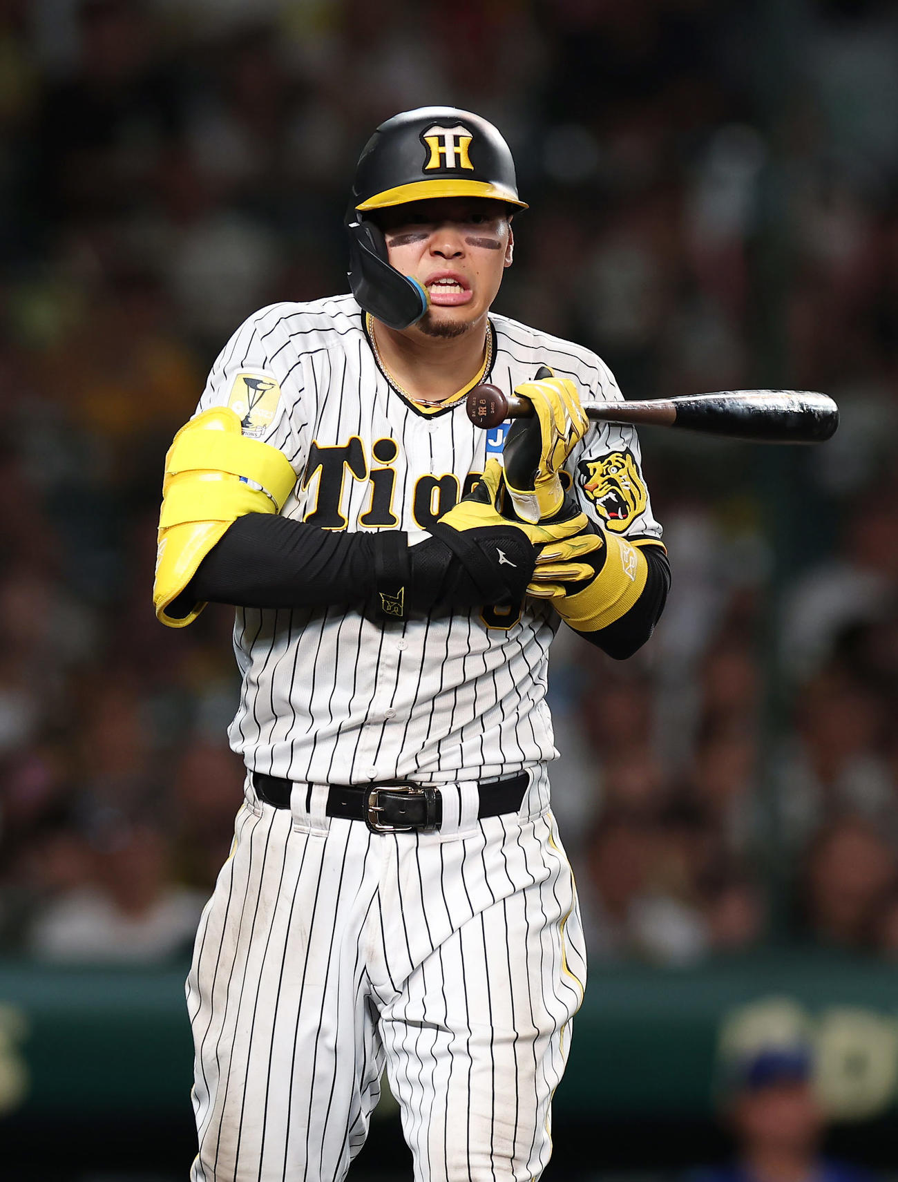 阪神対DeNA 9回裏阪神1死一塁、死球を受ける佐藤輝（撮影・前田充）