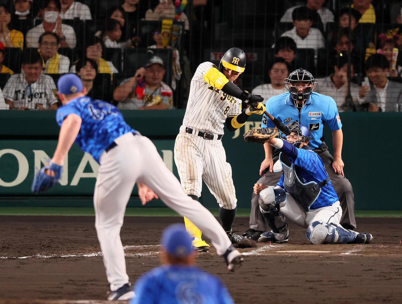阪神対DeNA 9回裏阪神1死一塁、佐藤輝は死球を受ける。投手はウィック（撮影・加藤哉）