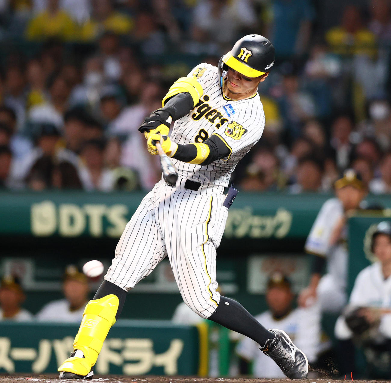 阪神対DeNA 5回裏阪神無死、佐藤輝は中前打を放つ（撮影・上山淳一）