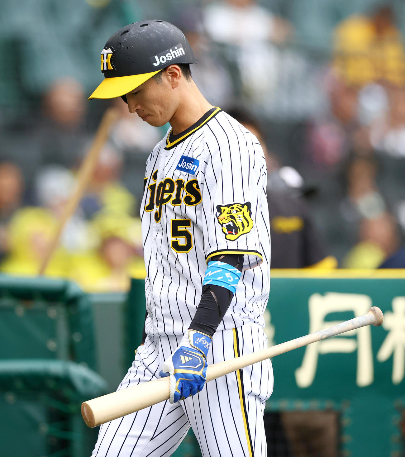 阪神対DeNA 5回裏阪神2死二塁、近本は三振に終わりベンチへ引き揚げる（撮影・上山淳一）