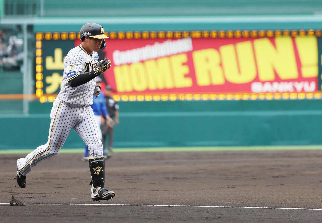 阪神対DeNA 2回裏阪神無死、左越え本塁打を放ち本塁へ向かう大山（撮影・前田充）