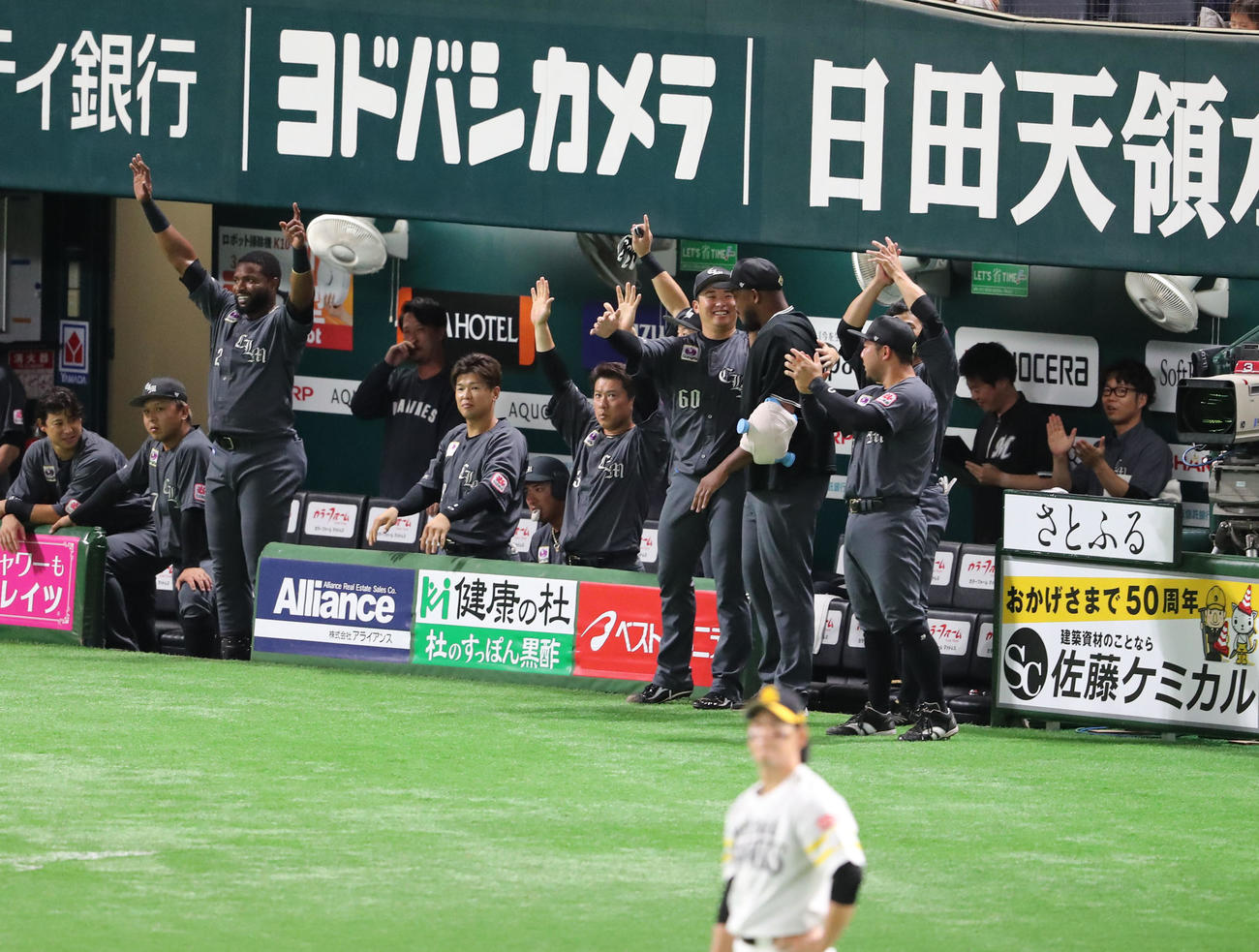 ソフトバンク対ロッテ　9回表ロッテ2死一、二塁、ソトは右越えに勝ち越しとなる3点本塁打を放つ、盛り上がるナイン（撮影・梅根麻紀）
