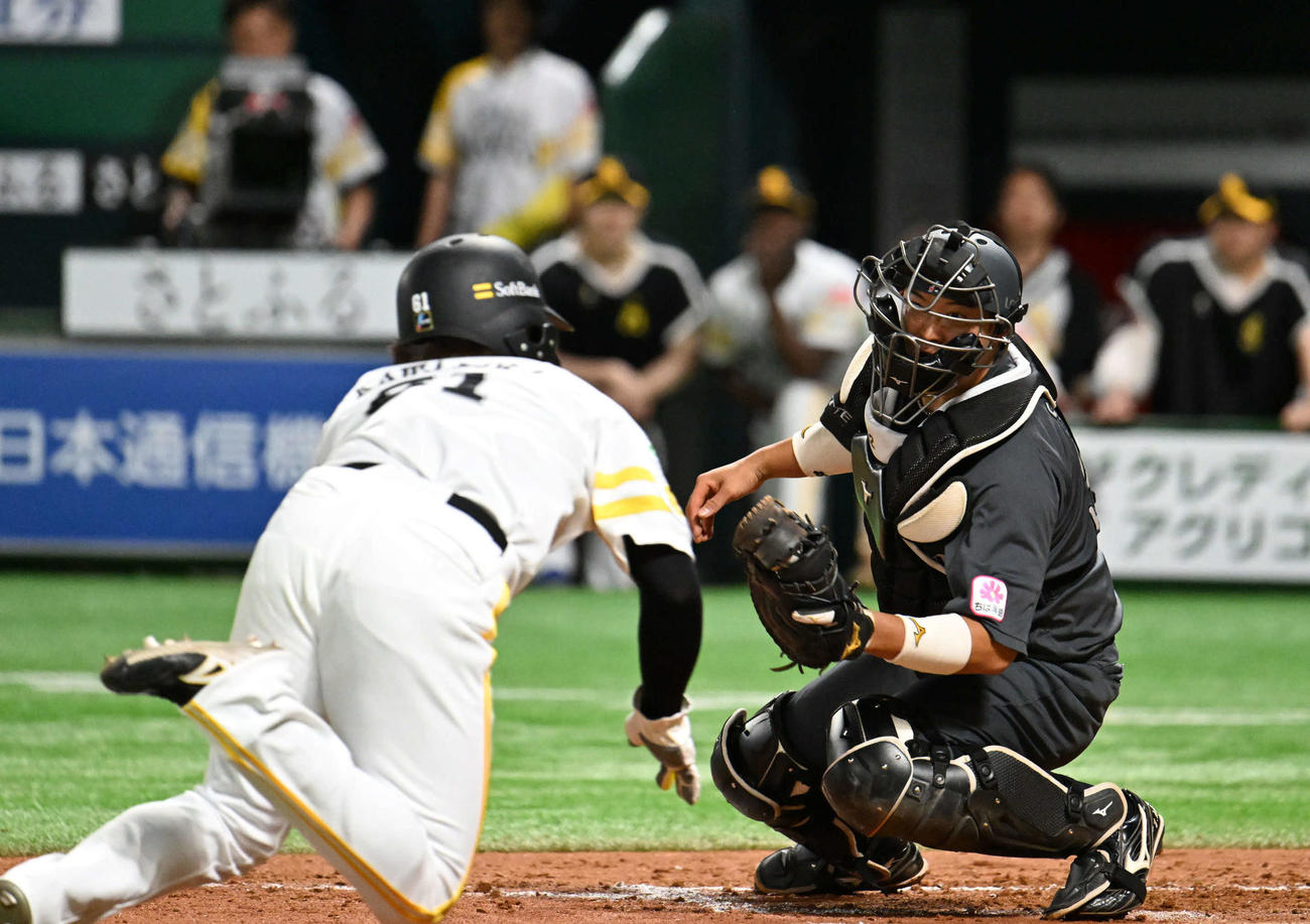 ソフトバンク対ロッテ　9回裏ソフトバンク1死三塁、打者中村晃の一ゴロで川村が生還を果たす（撮影・林敢治）