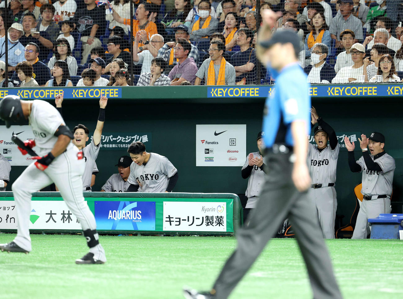 巨人対ヤクルト　3回裏巨人1死三塁、ヘルナンデス（手前左）の打球がリクエスト判定で左越え2点本塁打となり、手をたたきながらほえる阿部監督（右）（撮影・河田真司）