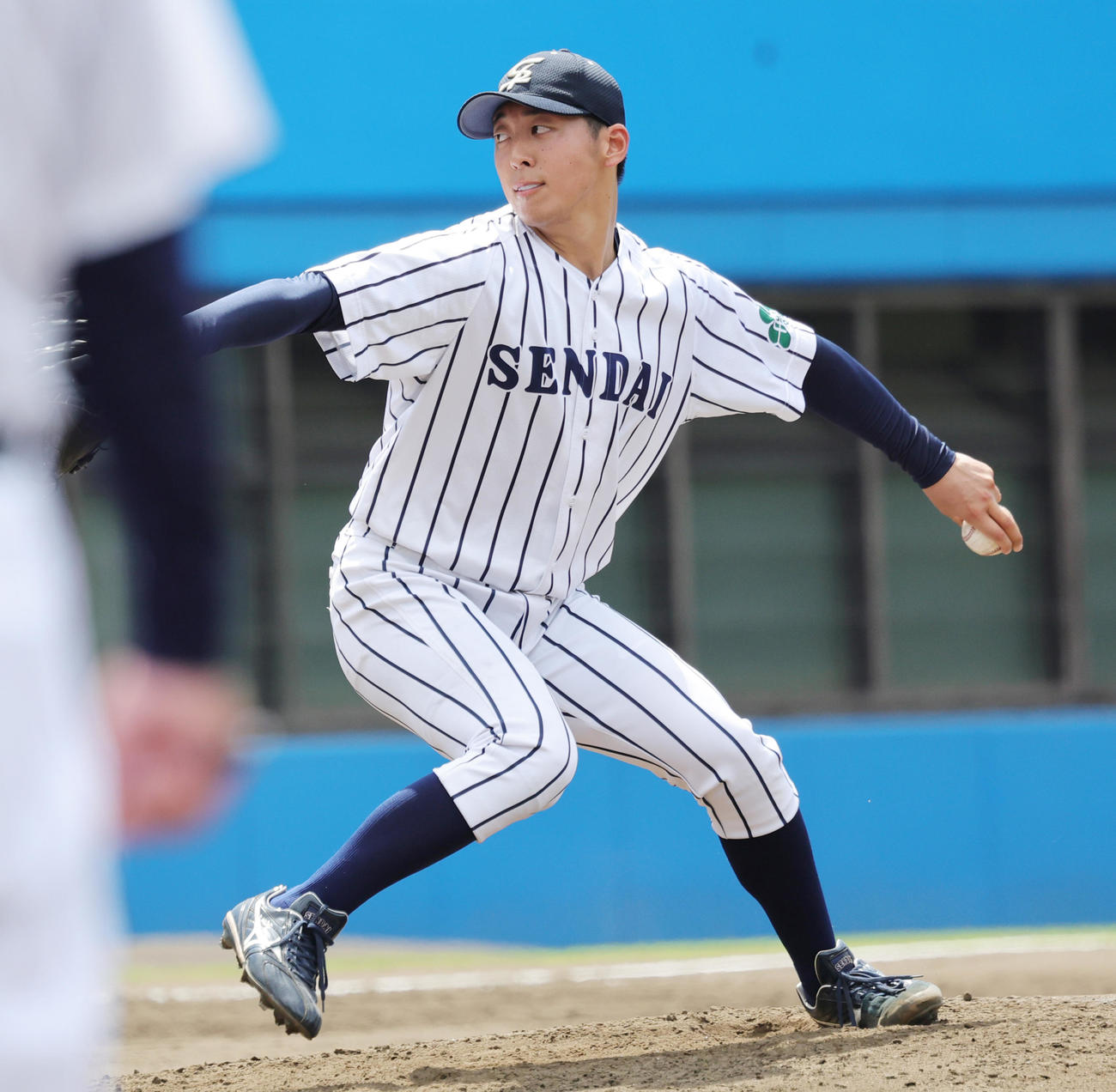 バント守備練習で投球する仙台大・渡辺（撮影・野上伸悟）