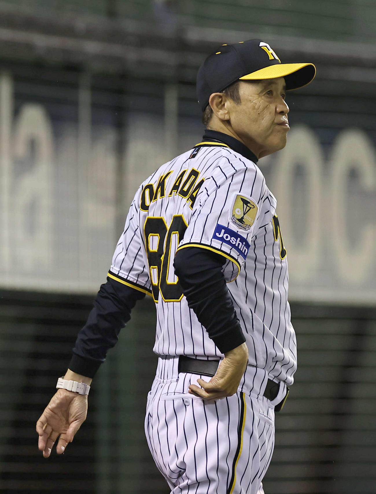 阪神対中日　選手交代を告げる岡田監督（撮影・上田博志）