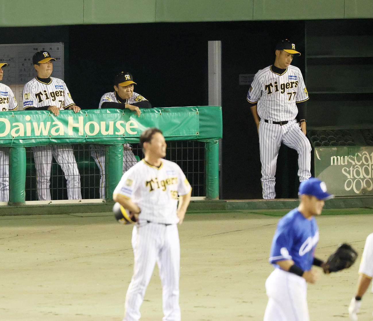 阪神対中日　9回裏阪神2死一、二塁、ベンチから代打糸原の三振を見届ける岡田監督（撮影・加藤哉）