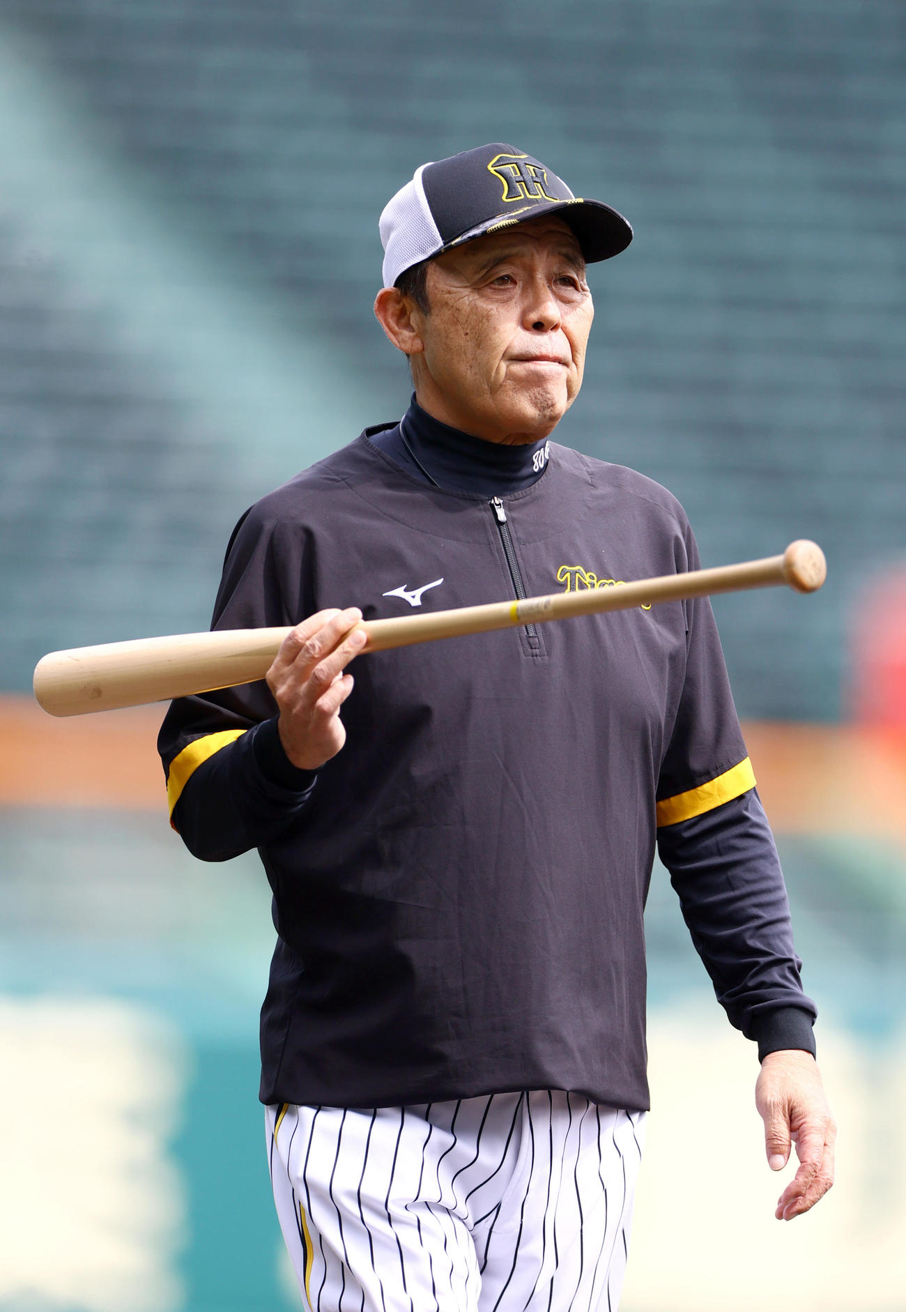 阪神対中日　試合前の練習を確認する阪神岡田監督（撮影・上山淳一）