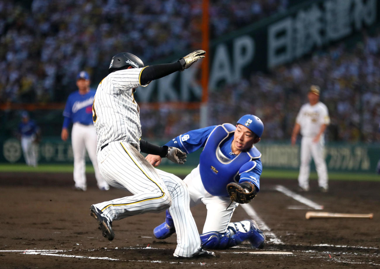 阪神対中日　2回裏阪神2死一、二塁、二走大山（手前）小幡の右前打で本塁を狙うがタッチアウト。捕手宇佐見（撮影・上山淳一）