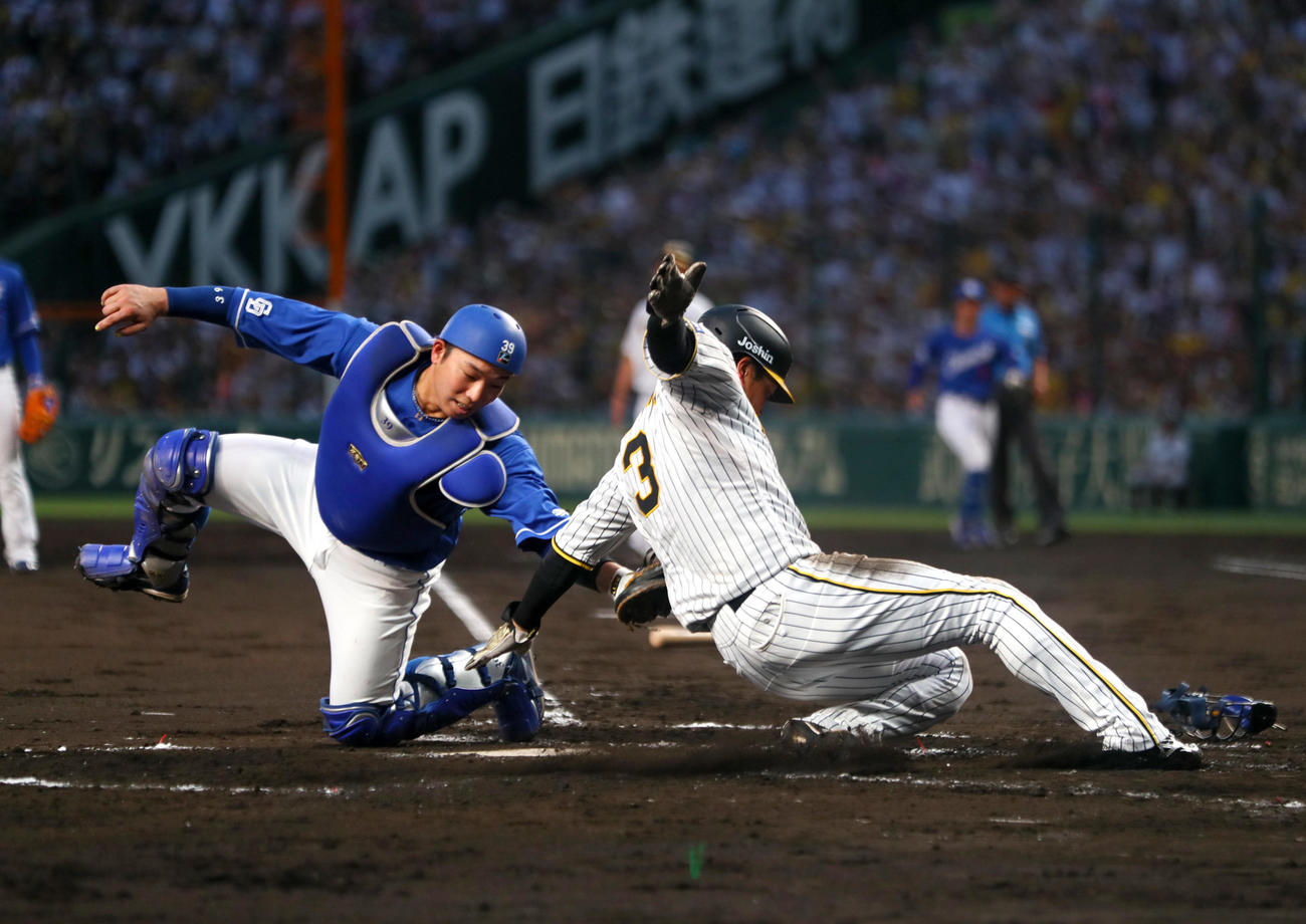 阪神対中日　2回裏阪神2死一、二塁、二走大山（手前）小幡の右前打で本塁を狙うがタッチアウト。捕手宇佐見（撮影・上山淳一）