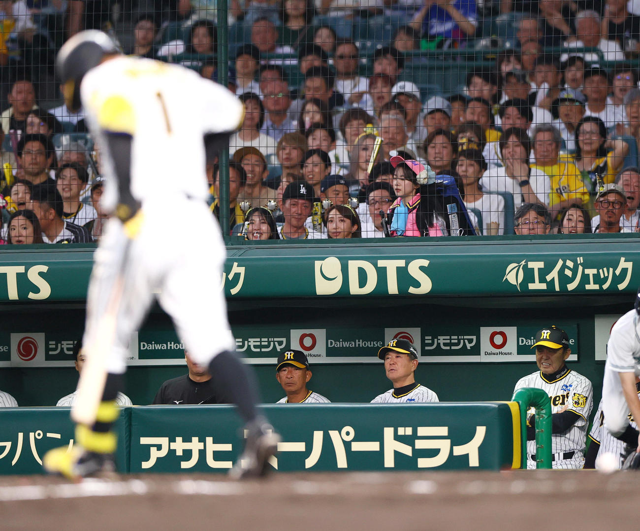 阪神対中日　4回裏阪神無死、岡田監督（右）は死球を受けた森下を見て痛そうな表情を見せる（撮影・上山淳一）