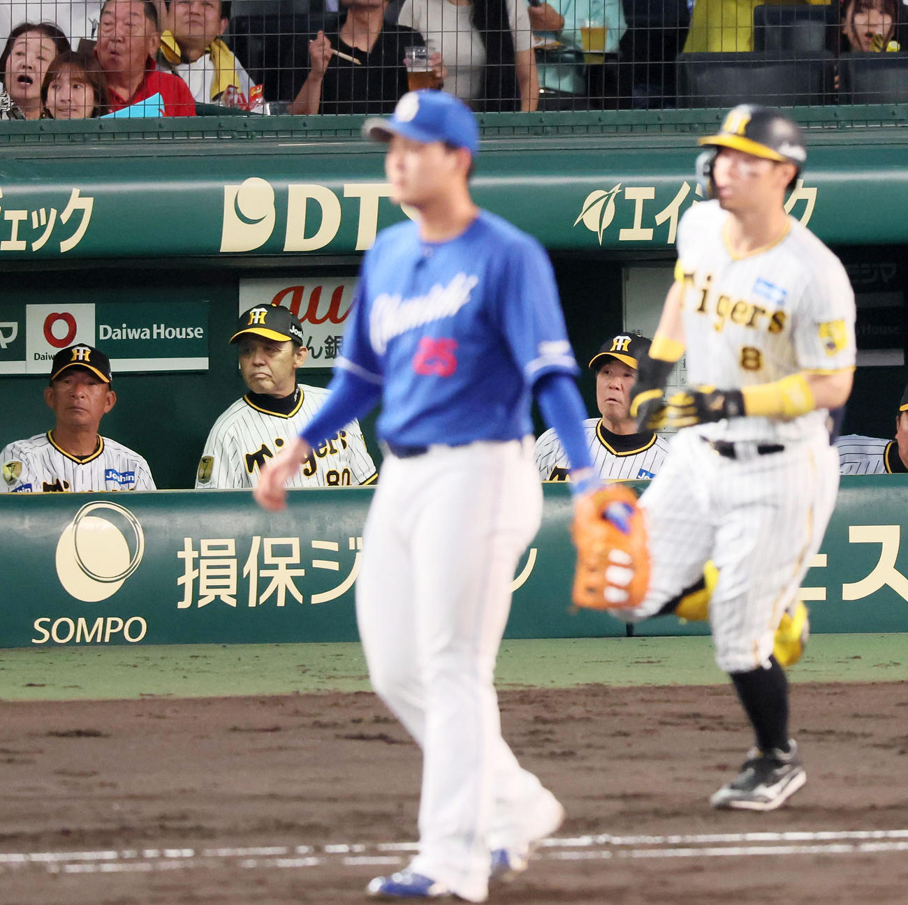 阪神対中日　4回裏阪神2死一塁、佐藤輝の右越え適時三塁打を見るベンチの岡田監督（撮影・加藤哉）