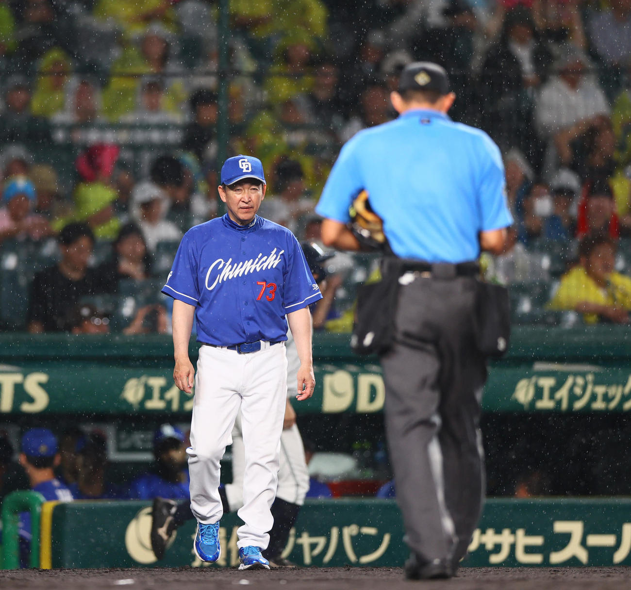 阪神対中日　8回、中日立浪監督は球審に選手交代を告げる（撮影・上山淳一）