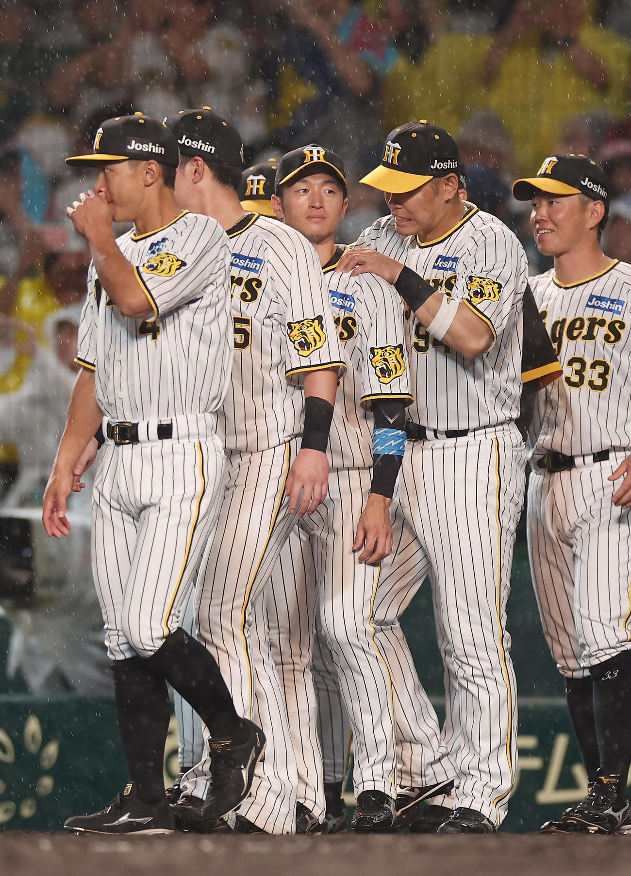 阪神対中日　中日に勝利しナインを出迎える阪神近本（中央）ら（撮影・前田充）
