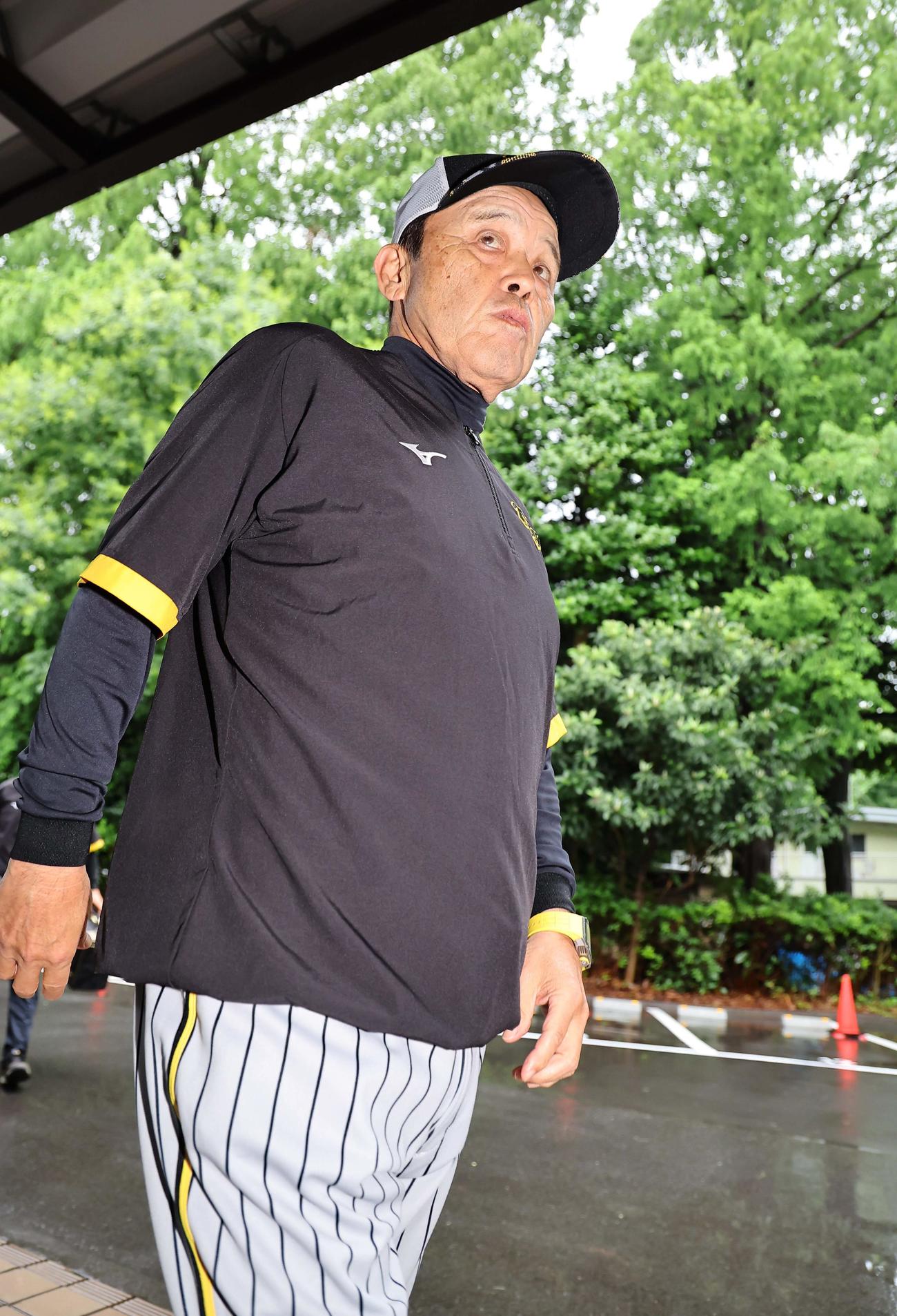 雨の中、室内練習場に入る岡田監督（撮影・上田博志）