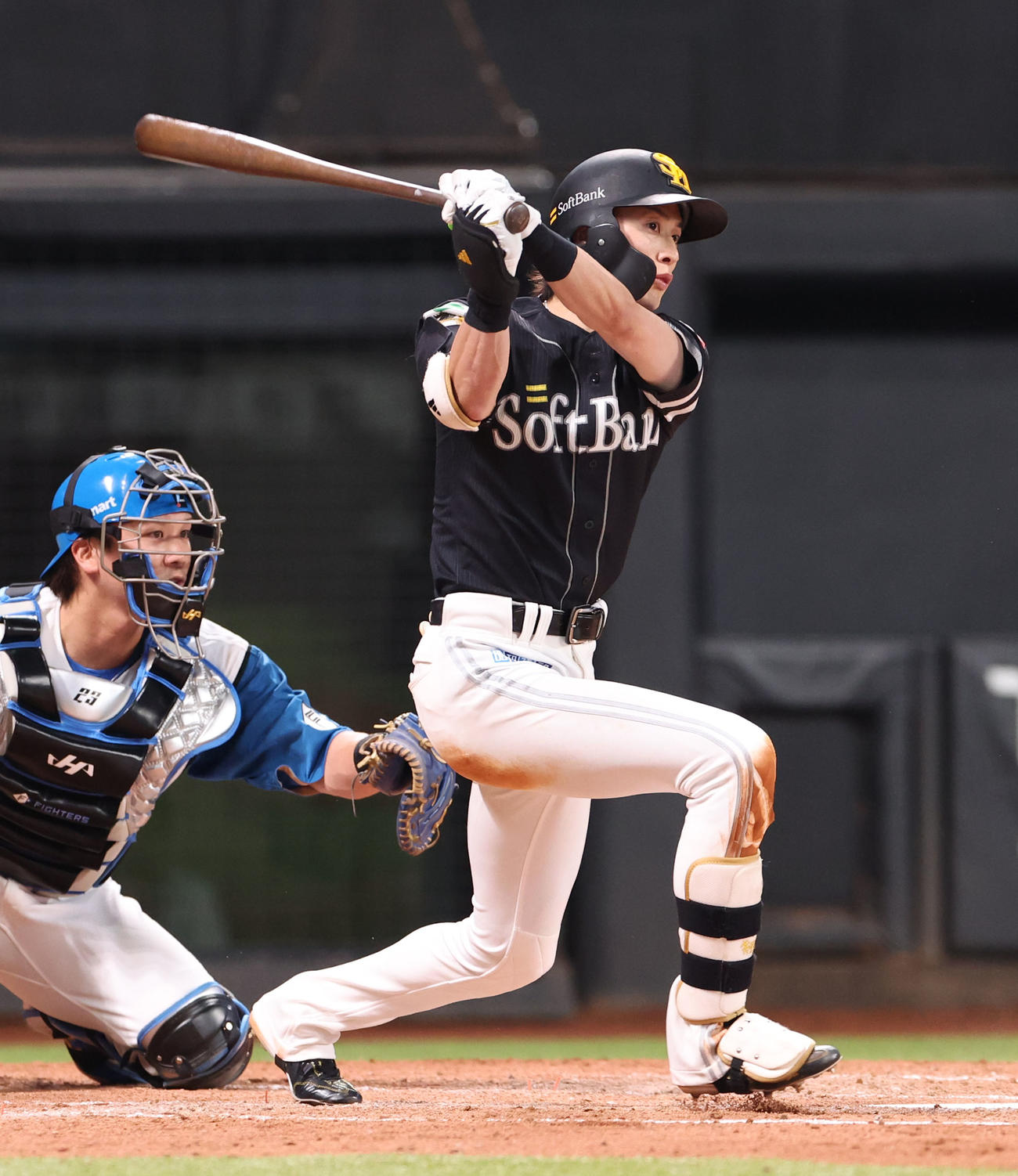 日本ハム対ソフトバンク　5回表ソフトバンク1死一塁、周東は右前打を放つ（撮影・佐藤翔太）