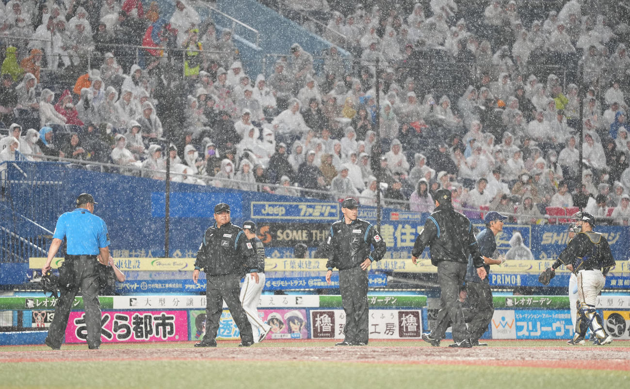 ロッテ対オリックス　7回裏、雨のため中断となる（撮影・鈴木みどり）