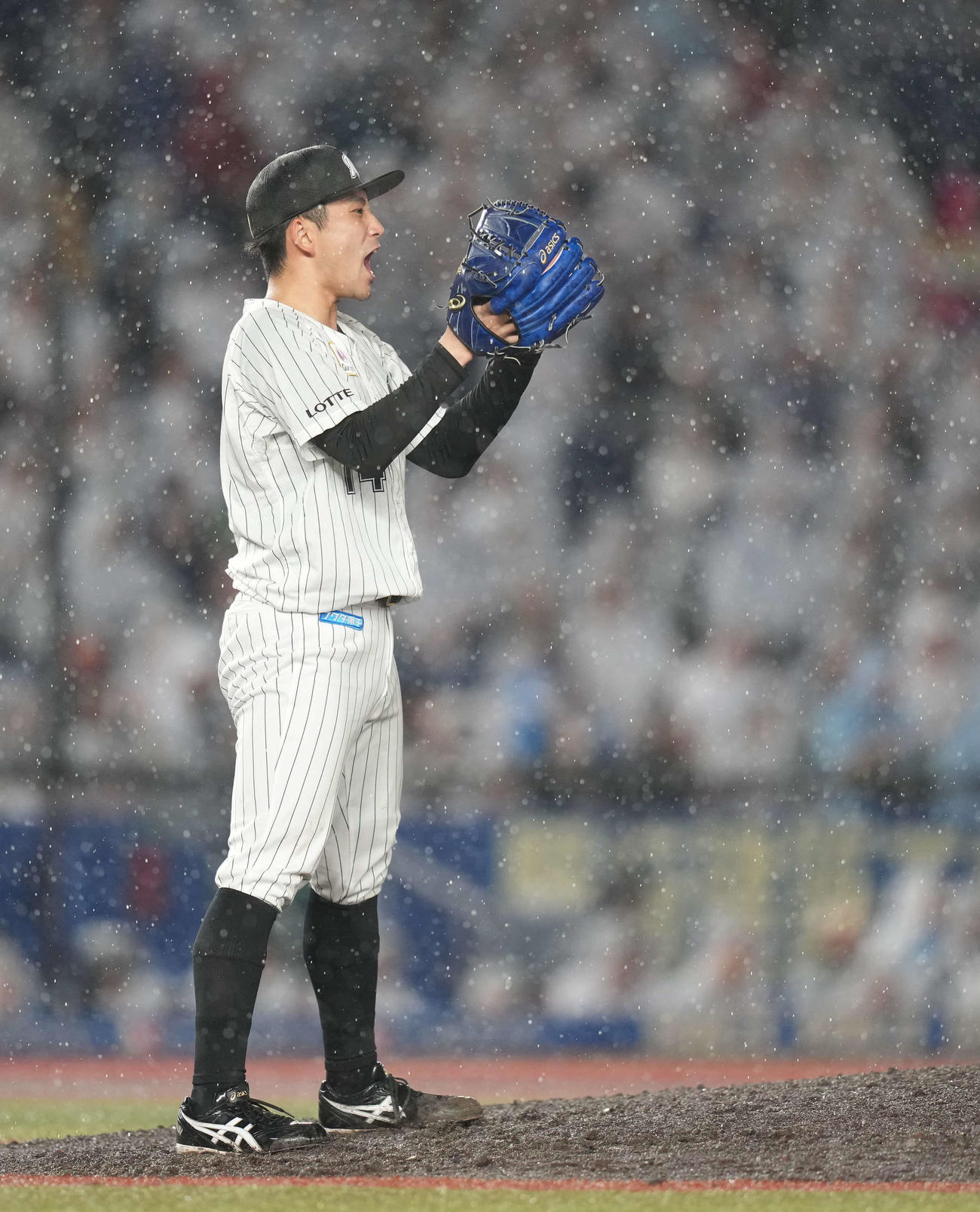 ロッテ対オリックス　7回表オリックス2死、頓宮の打球を右翼手藤原が好捕し、グラブをたたく小島（撮影・鈴木みどり）