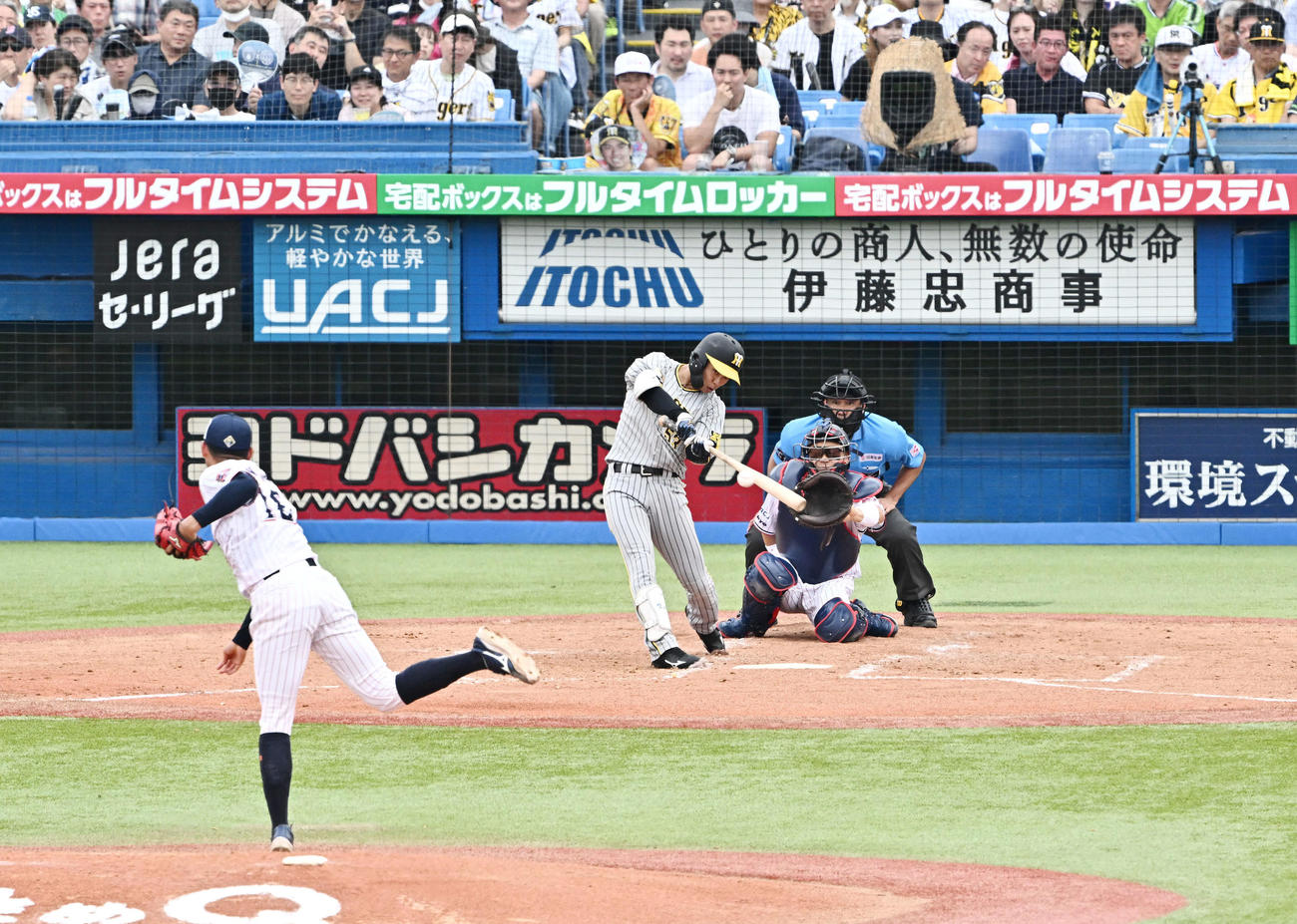 ヤクルト対阪神　3回表阪神1死、島田は右前打を放つ。投手奥川（撮影・滝沢徹郎）　