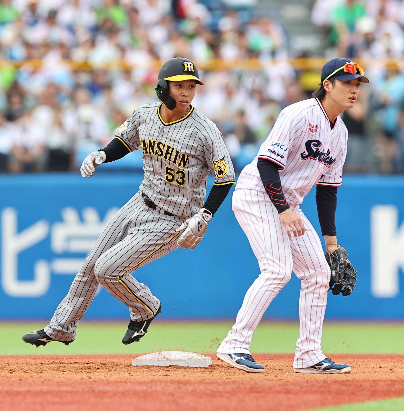 ヤクルト対阪神　3回表阪神1死一塁、島田（左）は二盗に成功する（撮影・上田博志）