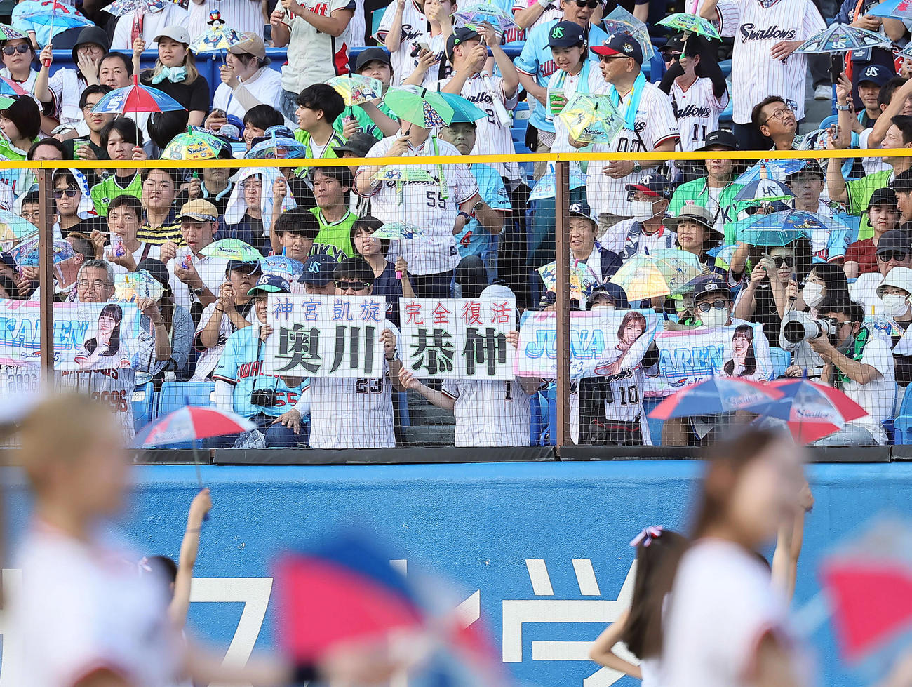 ヤクルト対阪神　ヤクルト奥川のパネルを持ち応援するファン（撮影・足立雅史）