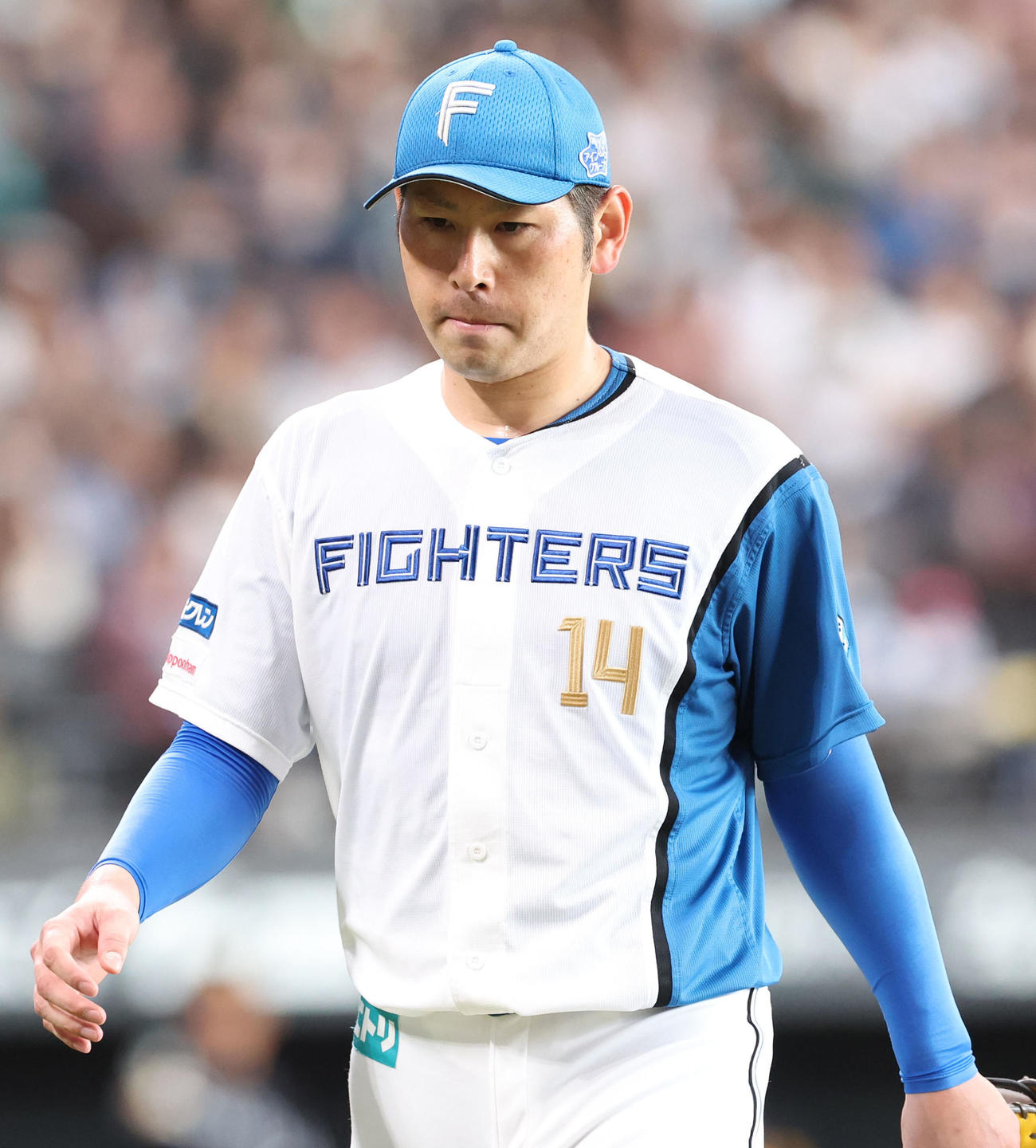 日本ハム対ソフトバンク　4回表、先制を許しベンチに戻る加藤貴（撮影・佐藤翔太）