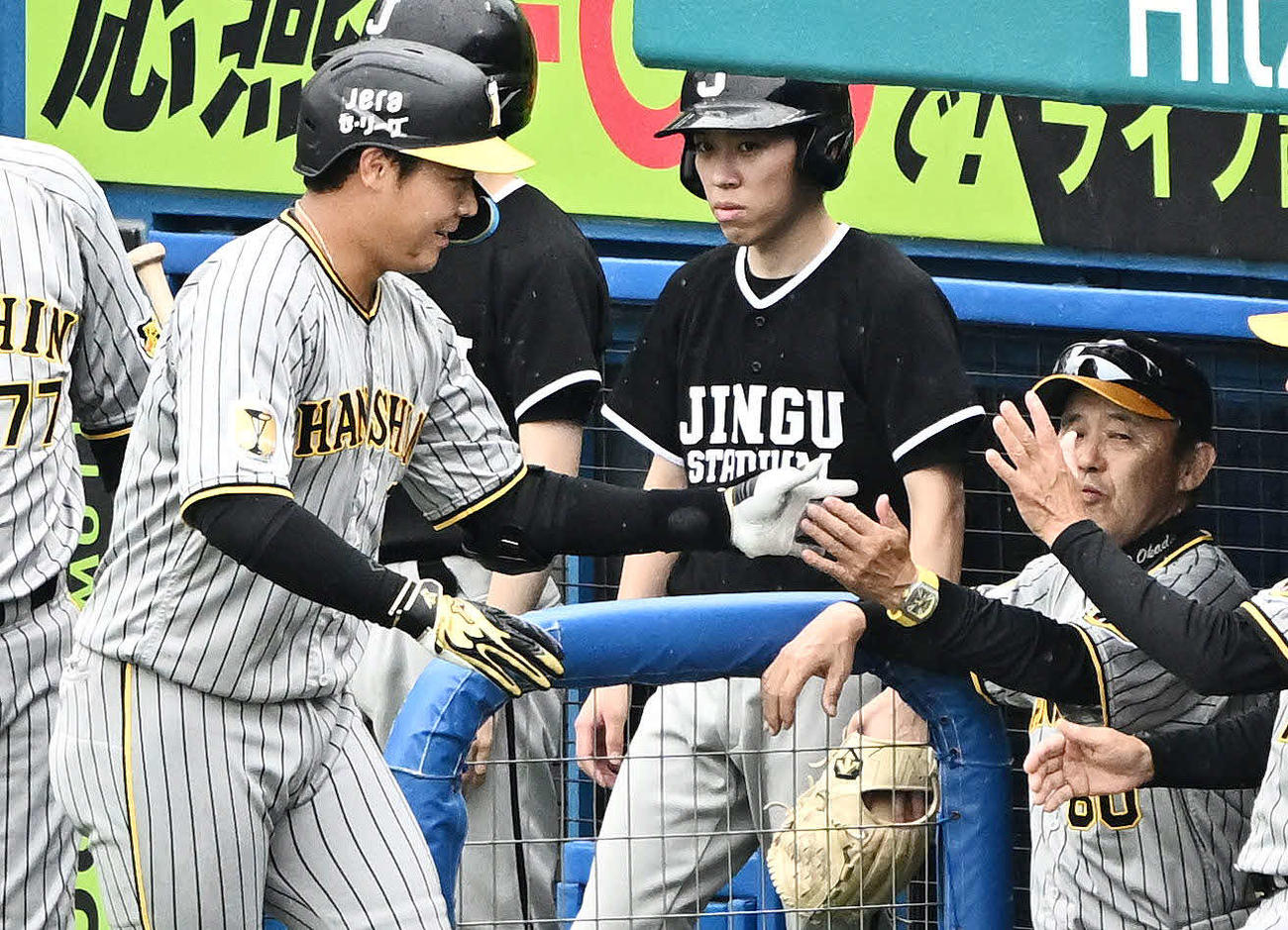 ヤクルト対阪神　4回表阪神1死、先制ソロ本塁打を放った大山（左）は生還し岡田監督とタッチをかわす（撮影・滝沢徹郎）　