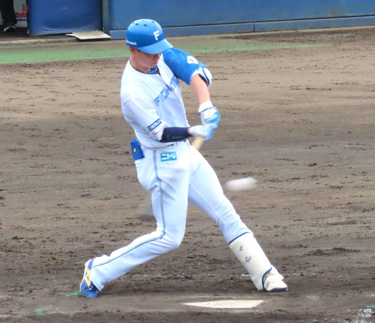 イースタン・リーグ：日本ハム対ヤクルト　3回日本ハム2死、右飛に倒れる松本剛（撮影・黒須亮）