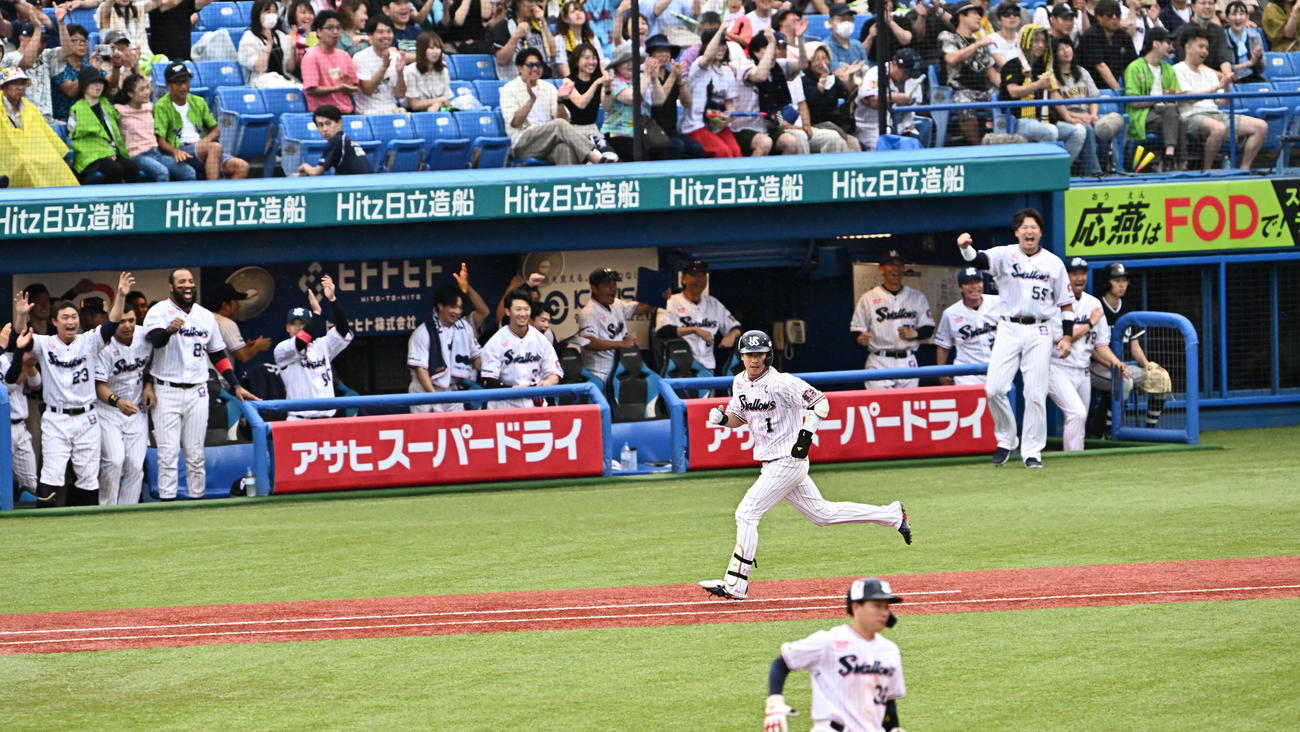 ヤクルト対阪神　8回裏ヤクルト2死一、三塁、代打山田は左翼に適時打を放ち盛り上がるベンチの前を走る（撮影・滝沢徹郎）　