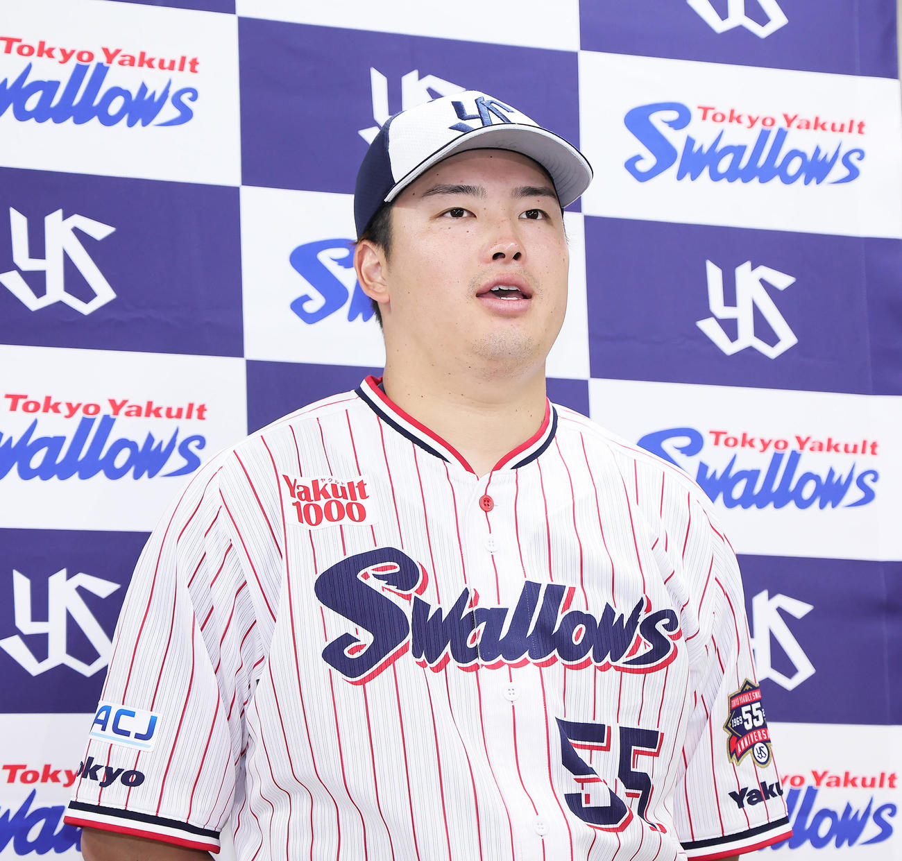 オールスターゲームに選出され意気込みを語るヤクルト村上（撮影・足立雅史）