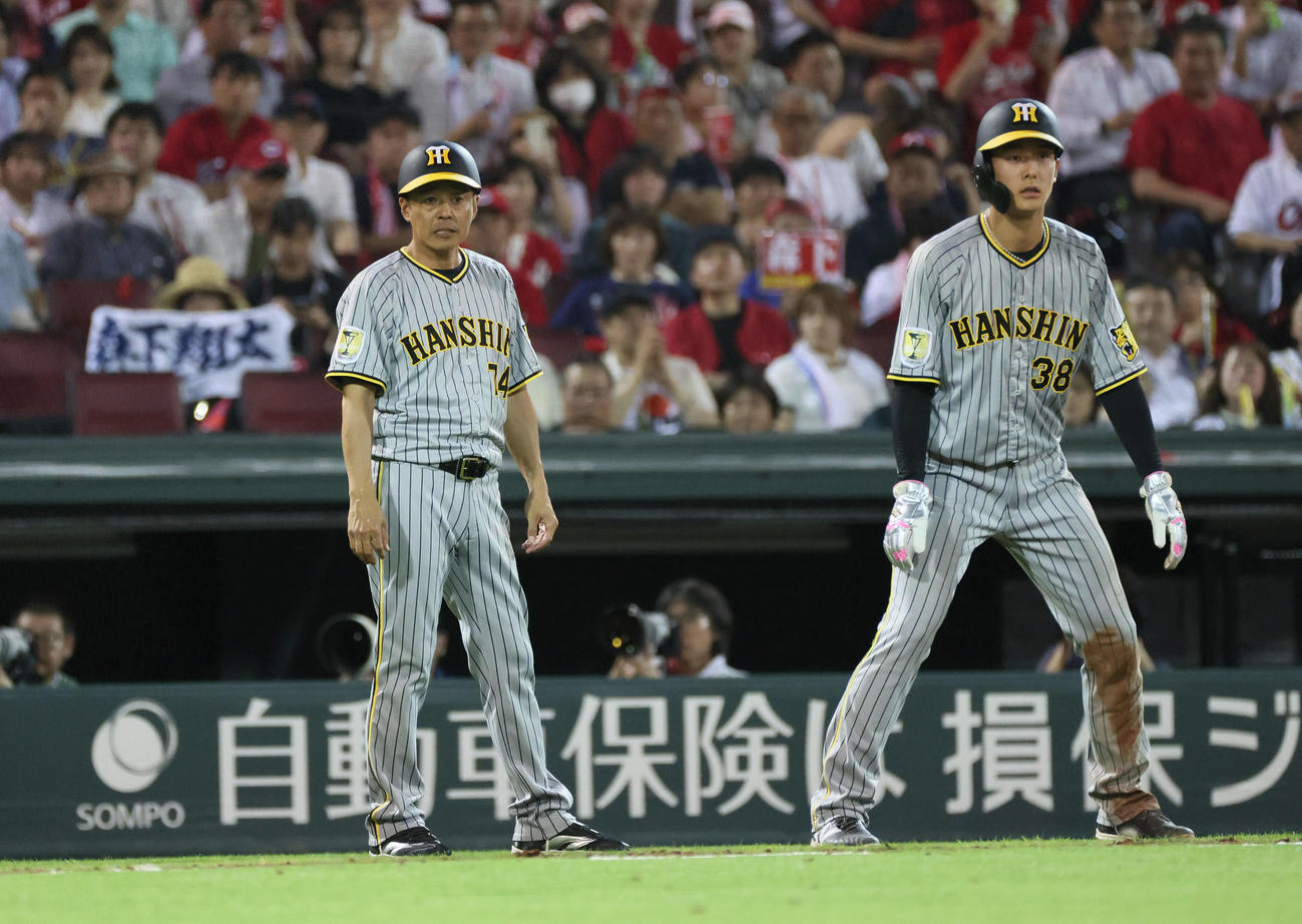 広島対阪神　8回表阪神2死一、三塁、打者森下の時、三走の小幡と藤本コーチ（撮影・加藤孝規）