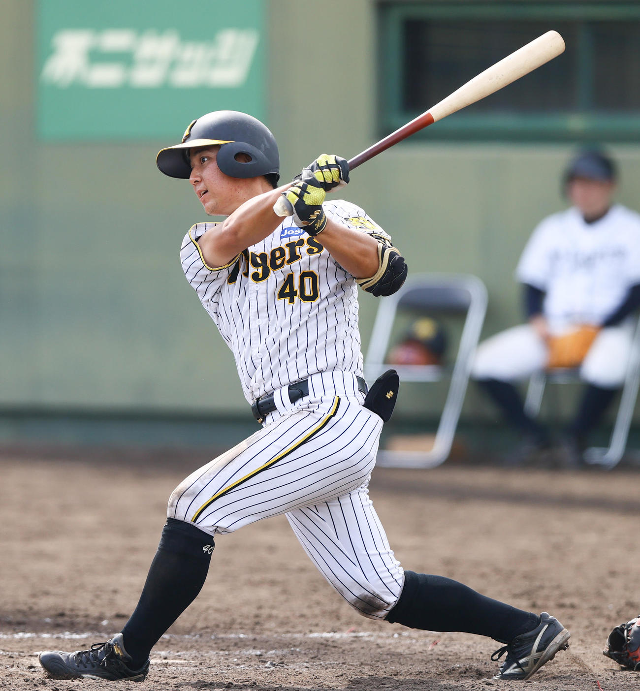 ウエスタン・リーグ阪神対中日　8回裏阪神1死二塁、井坪は左前打を放つ（撮影・上山淳一）