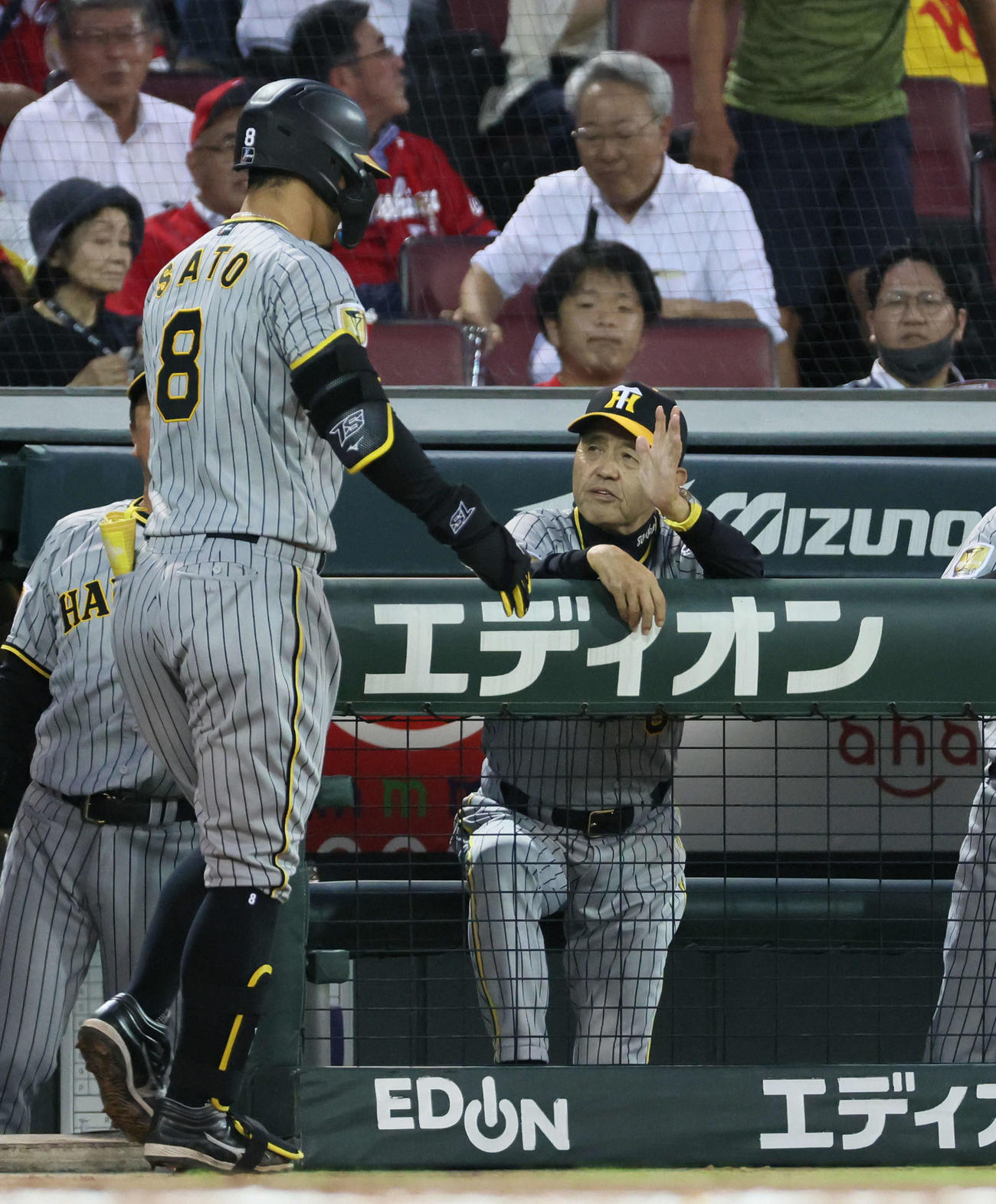 広島対阪神　6回表阪神2死、勝ち越しの左越え本塁打を放った佐藤輝を迎える岡田監督（撮影・加藤孝規）
