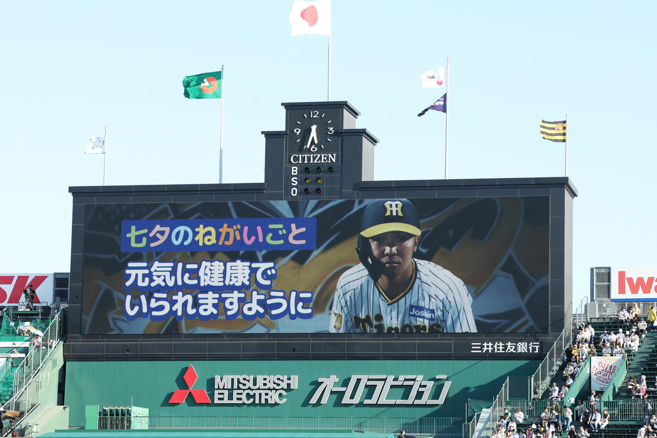 阪神対DeNA　大型ビジョンに表示される阪神島田の七夕のねがいごと（撮影・前田充）