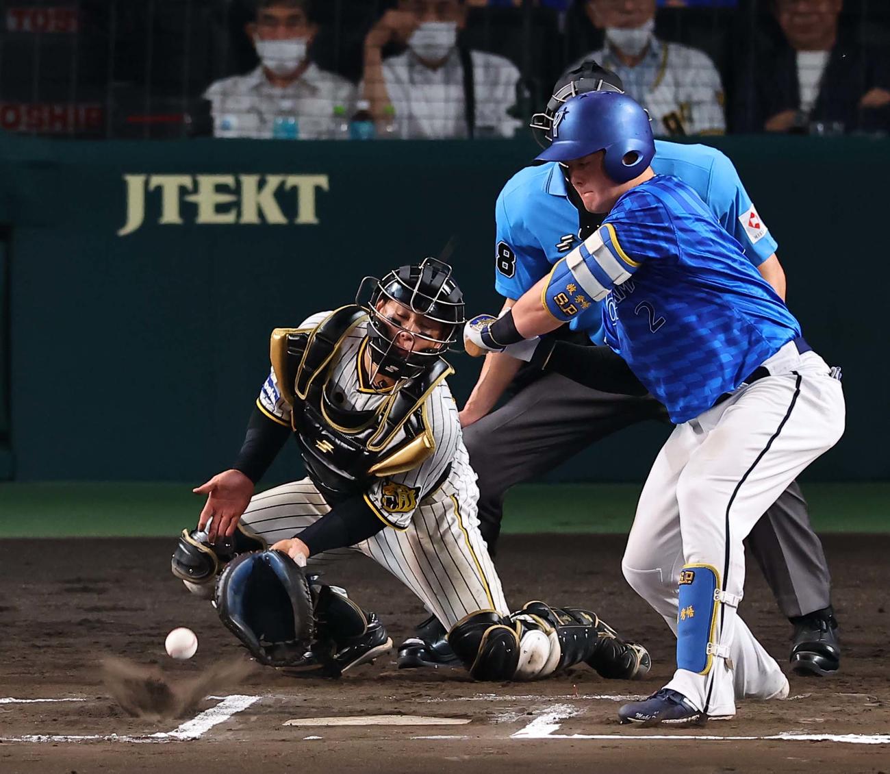 阪神対DeNA 10回表DeNA無死一塁、石井の投球を止める梅野（撮影・上田博志）