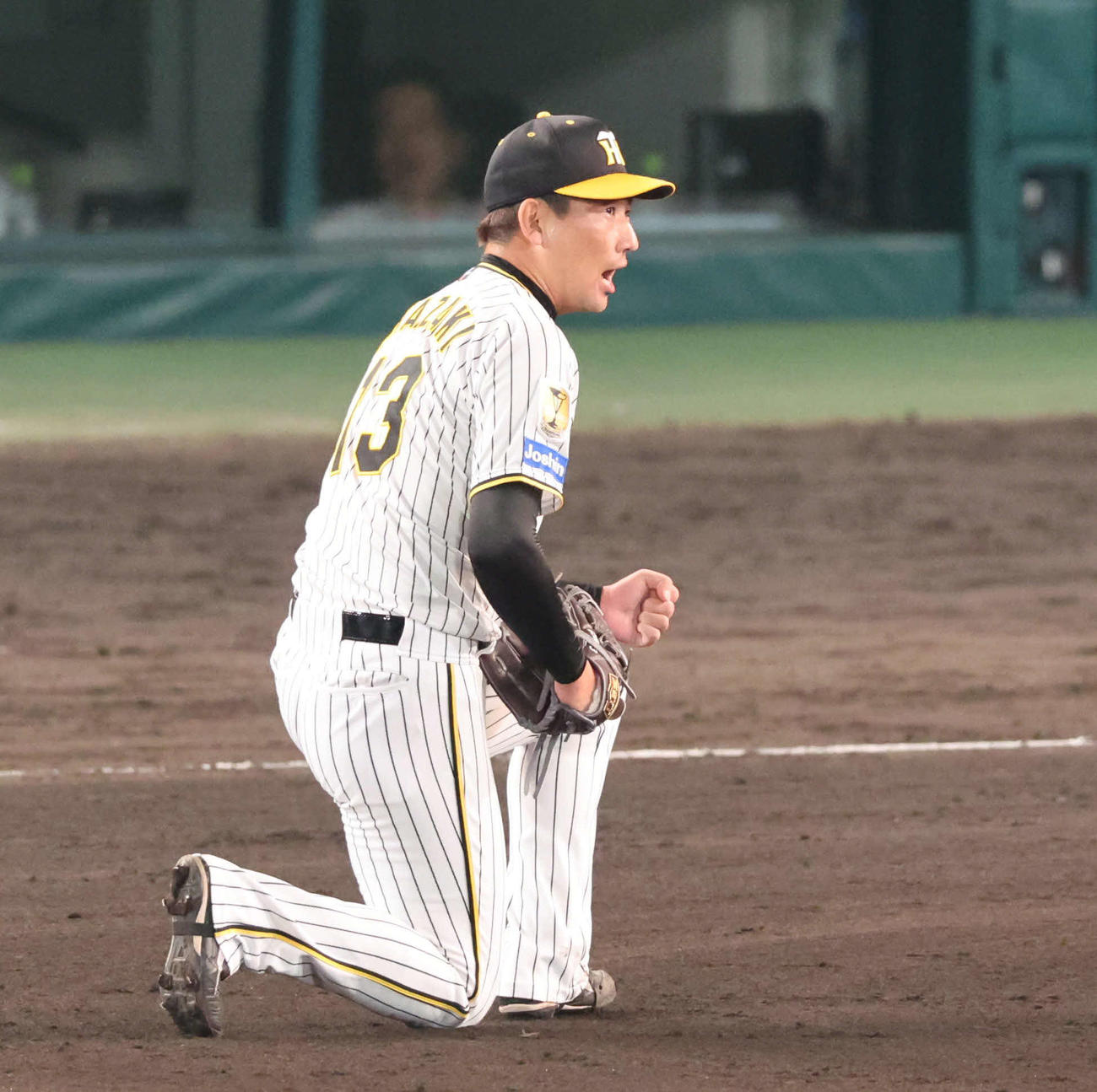 阪神対DeNA　最後を締めた岩崎はガッツポーズ（撮影・宮崎幸一）