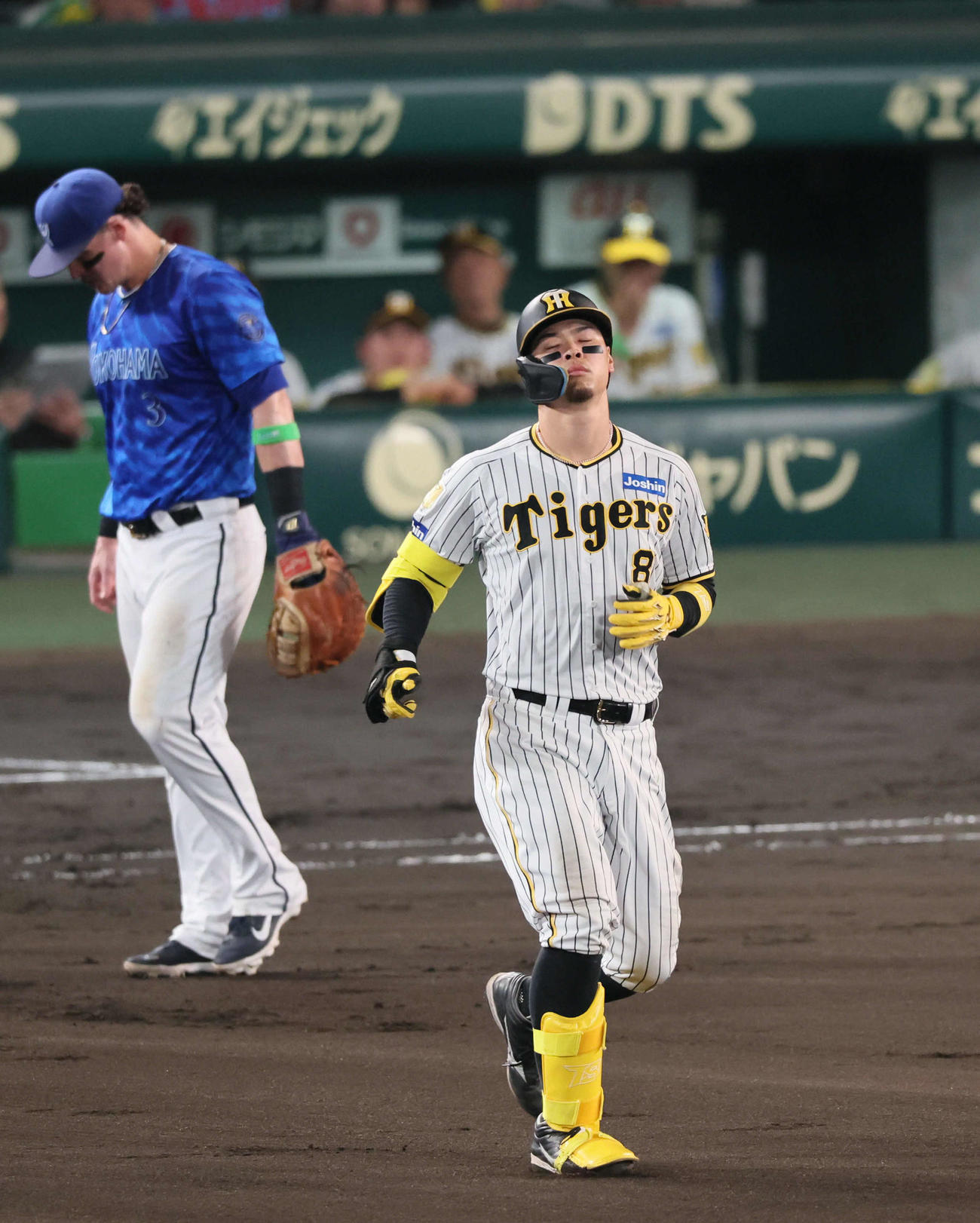 阪神対DeNA 6回裏阪神無死、佐藤輝は中飛に倒れ落胆する（撮影・宮崎幸一）