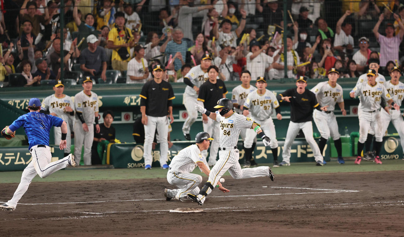 阪神対DeNA 9回裏阪神2死満塁、原口は右前打を放ち、度会の一塁悪送球でサヨナラとなる（撮影・宮崎幸一）