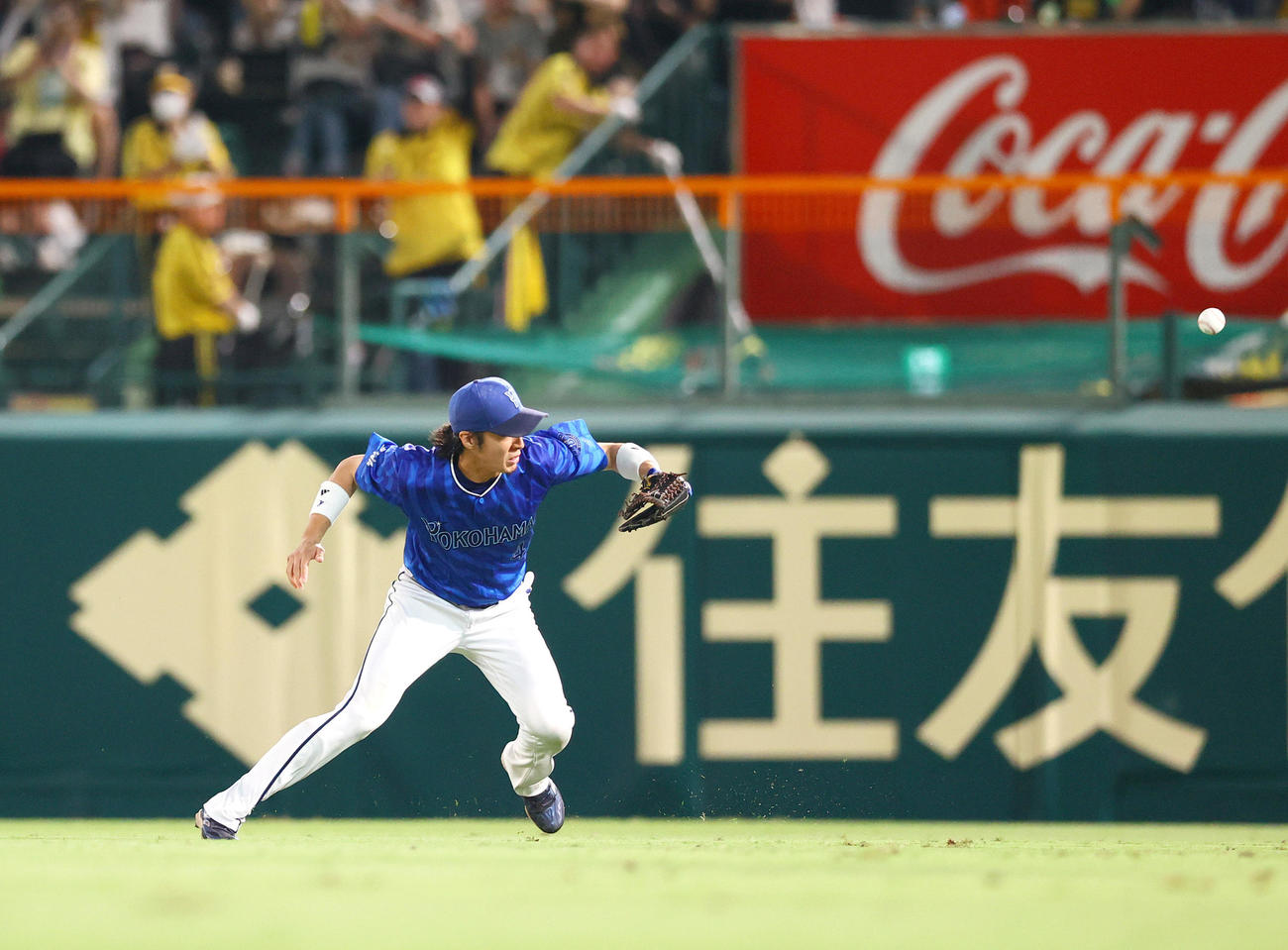 阪神対DeNA 5回裏阪神無死一塁、右翼手度会は代打野口の右前打を後逸する（撮影・上山淳一）