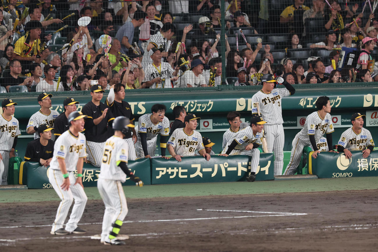 阪神対DeNA 8回裏阪神2死満塁、中野の右前適時打で同点ならず、微妙な雰囲気の阪神ナイン（撮影・宮崎幸一）