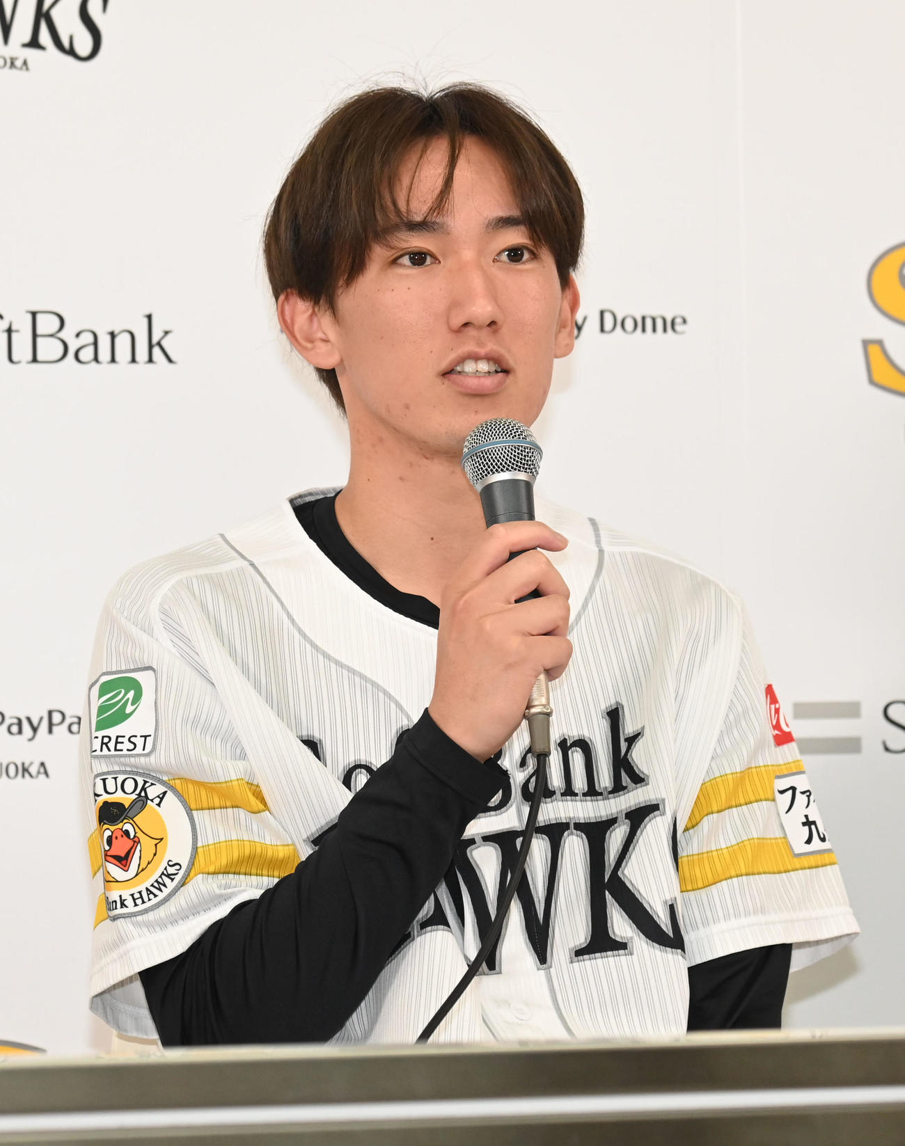 マイナビオールスターゲーム2024で監督推薦選手に選ばれ会見に臨む大津（撮影・林敢治）